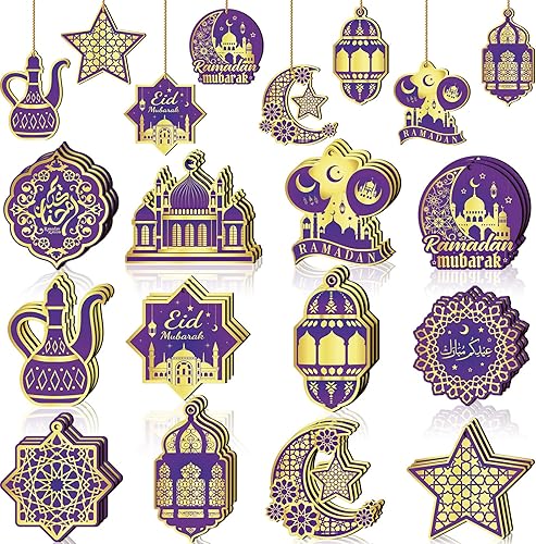 Miniatura 8 de 36 adornos de Ramadán de madera Eid Mubarak para colgar en castillo, farol de luz, estrella y luna, adornos para árbol de Navidad, decoración de