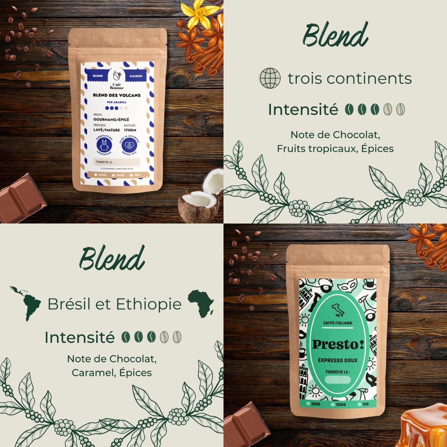 Café Bonnac – Coffret Découverte Cafés Blends – Café en Grain – 4x250g – 100% Arabica – Origines Éthiopie, Brésil & Colombie – Torréfaction Artisanale Française – Idéal Cadeau