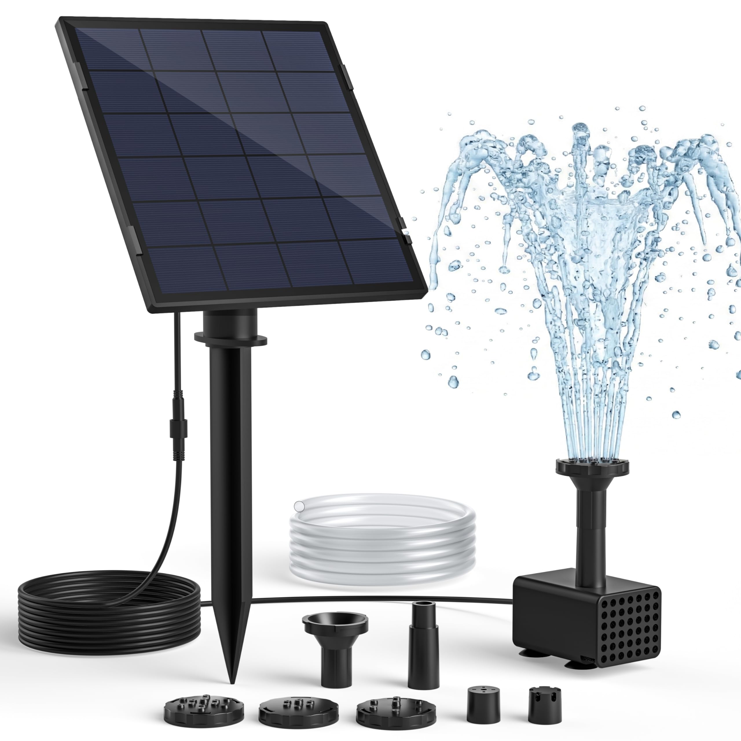 Solar Fountain Pump for Bird Bath, 2.5W Solar Water Pump with 3M Power Cord, Adjustable Ground Stake, 5 Spray Modes & 1.2M Hose, Dry-Run Protection Low Noise for Garden Small Pond Fish Tank