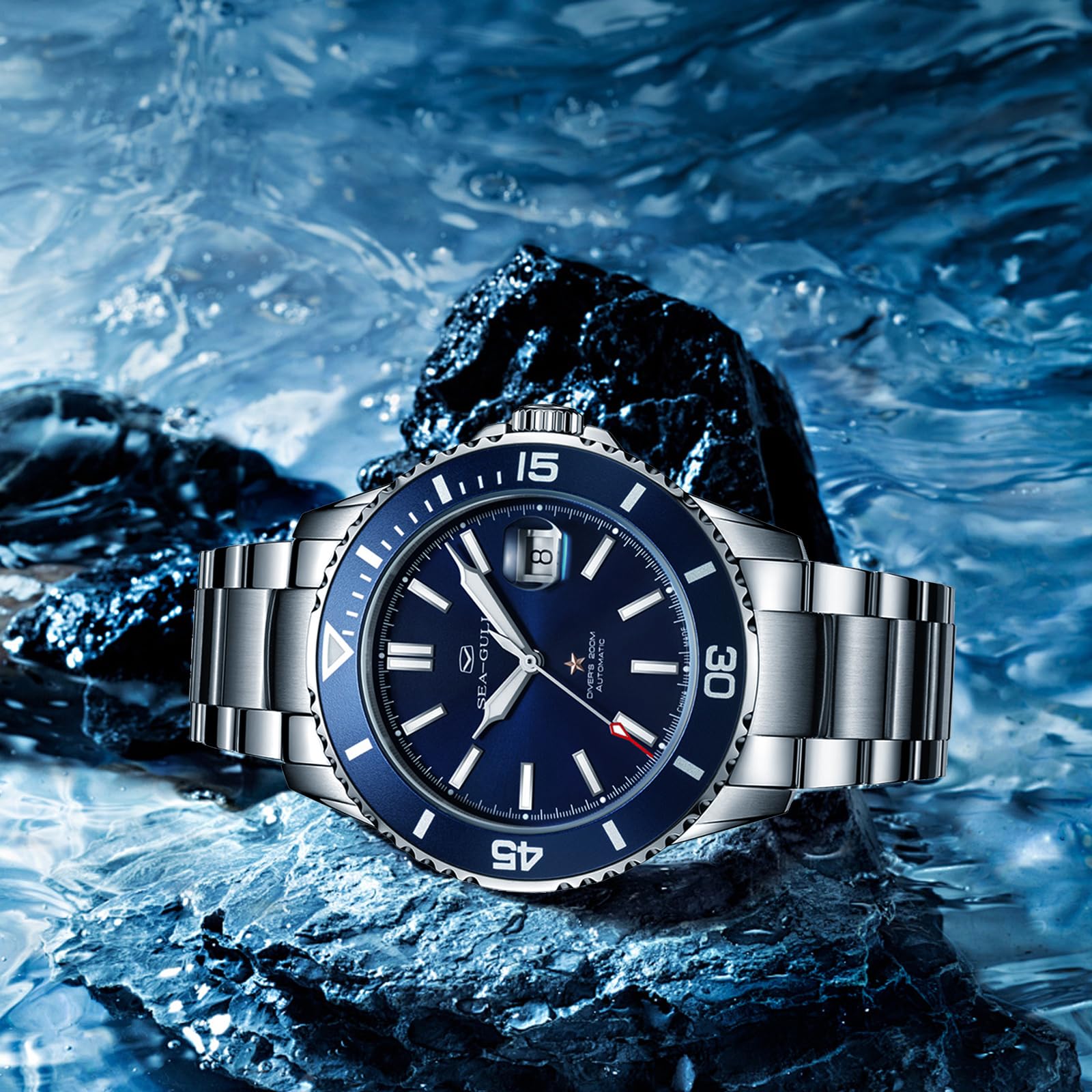Seagull Herren Automatik Mechanische Taucheruhr Edelstahl Wasserdicht Business Dress Luminous Kalender Armbanduhren 44mm Ocean Series