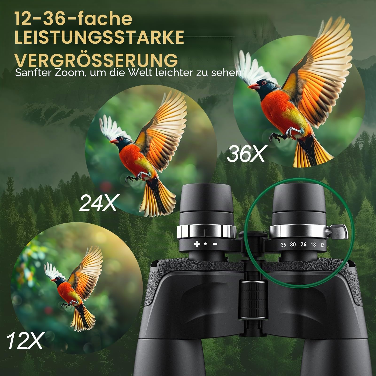 Zoom Fernglas 12-36x50 für Erwachsene, BAK4 & FMC-Vergütung, inklusive Tragetasche, Tragegurt und Okularschutz – Ideal für Vogelbeobachtung, Jagd, Reisen, Konzerte, Outdoor-Sport