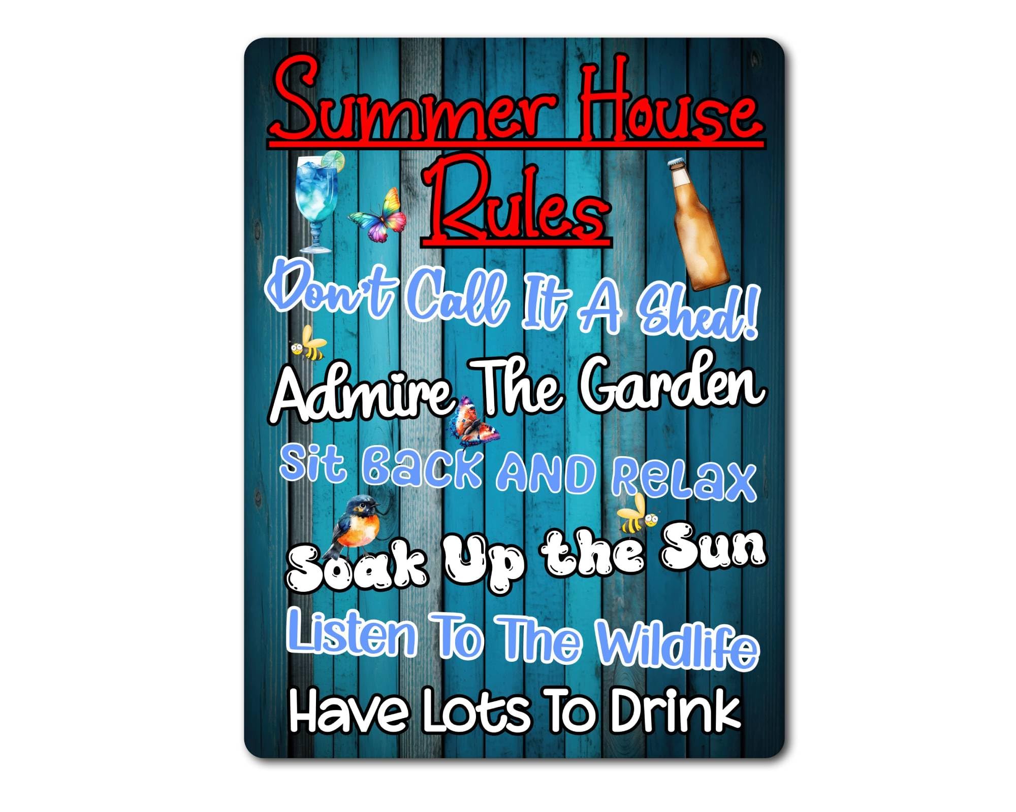 Decalarama Blue Garden Metal Sign Gift – Summer House Rules – Have Lots To Drink – – Family Fun Home Shed Allotment Novelty Aluminium Present
