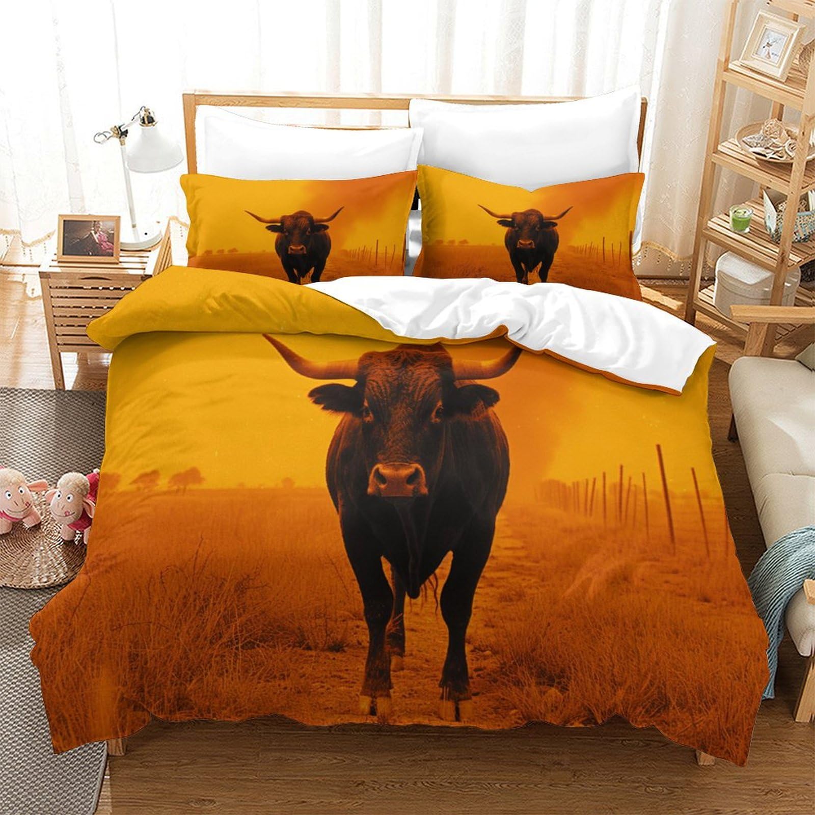 P1S9U7W5Y Sunset Bull Pattern 3D Printed Duvet Cover Set 3pcs Microfiber Animal Bedding Set Double（200x200cm）