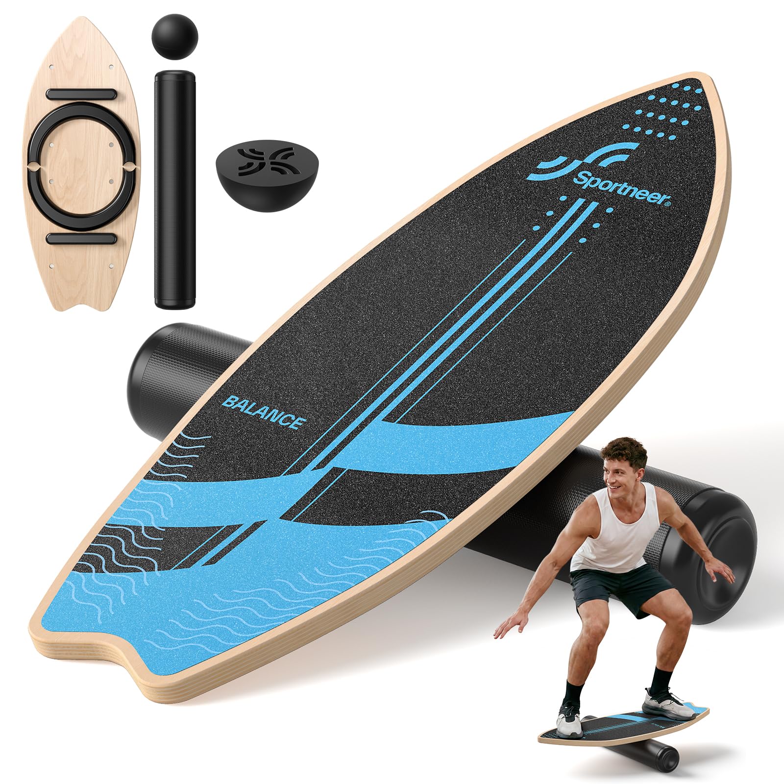 Sportneer Surfin Balance Board per adulti 8 in 1 – Balance board in legno per allenamento del core, surf, sci e riabilitazione – Sicura, antiscivolo, 200 kg