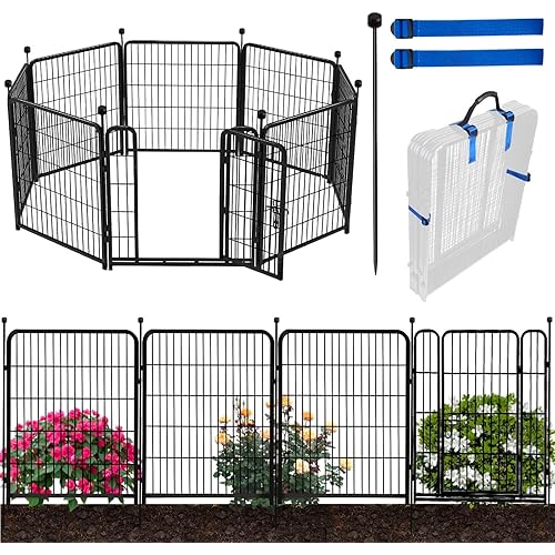 ADAVIN 48 in(H) Garden Fencing with Low Threshold Gate,10 Panels Total 22.1 Ft(L) Tall Animal Barrier Fence Borders, Outdoor Pet Barrier, Black Iron Metal Heavy Duty Dog Fencing for Yard or Camping