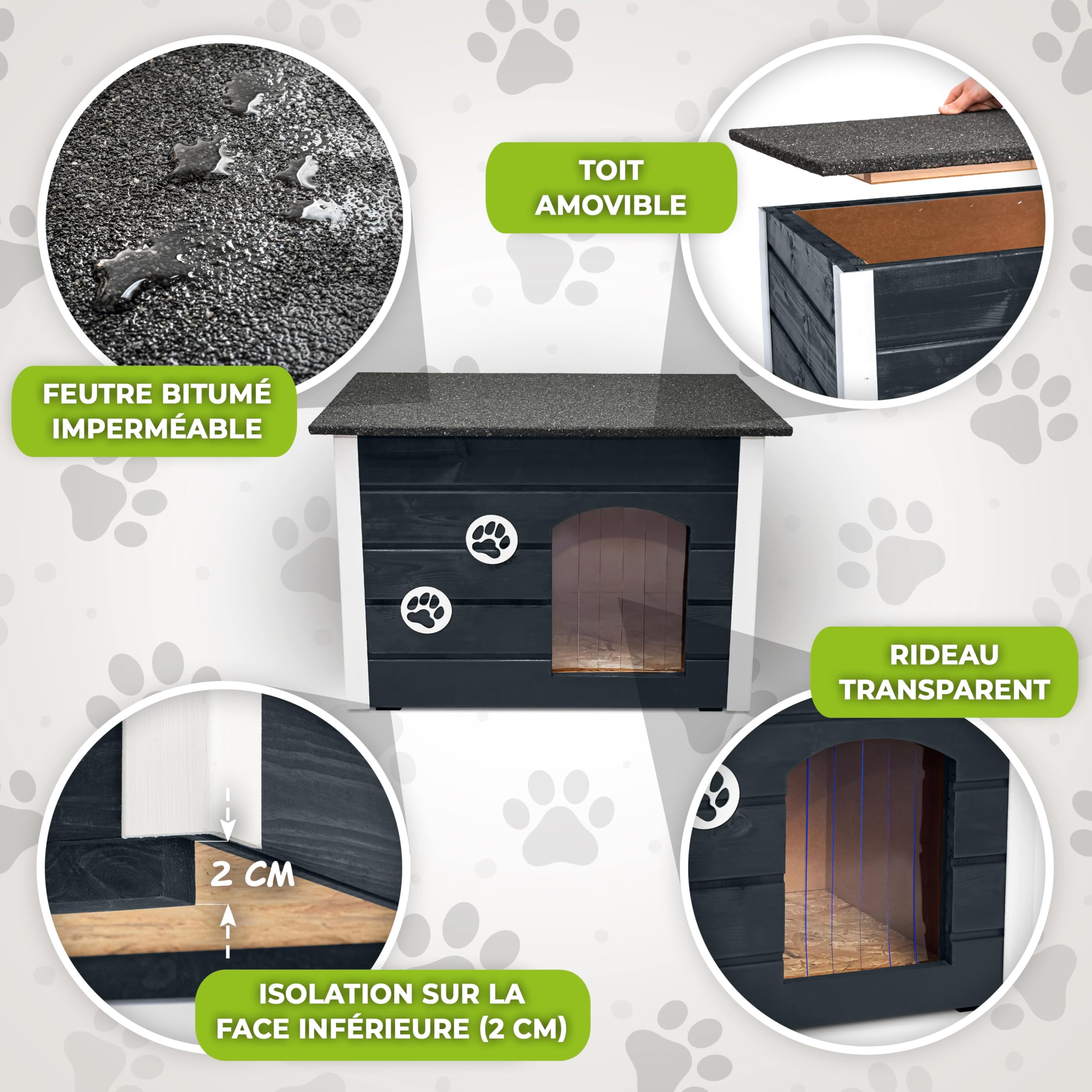 Outentin Niche pour Chien en Bois Isolée XL – Grande Maison Chien Extérieur Hiver – Refuge pour Chiens Jardin avec Toit Ouvrant – Niche Extérieure pour Grand Chiens en Bois FSC – 105 x 71 x 64 cm,Gris