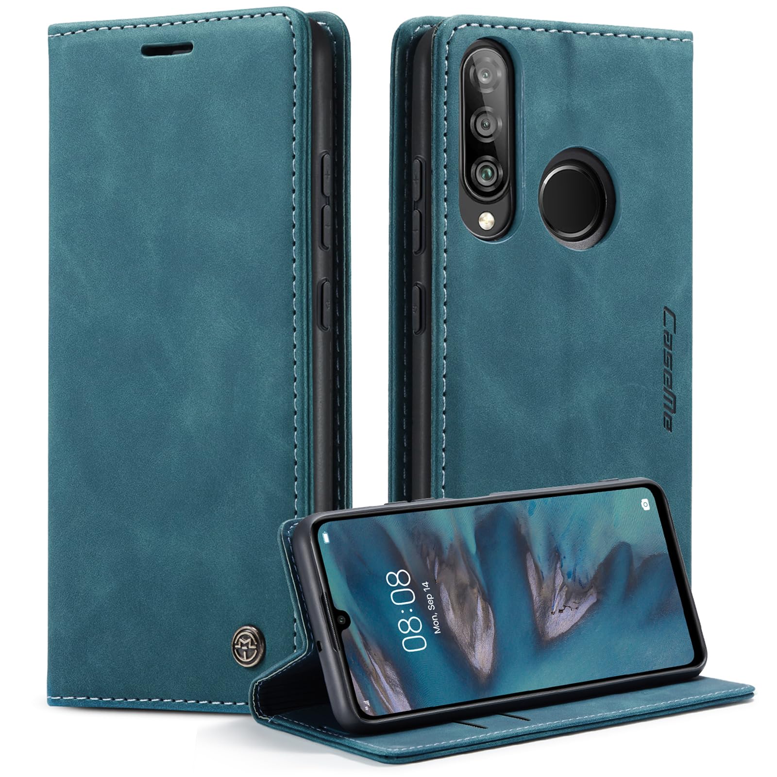 for Huawei P30 Lite Case, Flip Wallet Leather Case with Card Holder Magnetic Closure Shockproof Kickstand Protective Phone Cases Cover for Huawei P30 Lite,Blue-Green