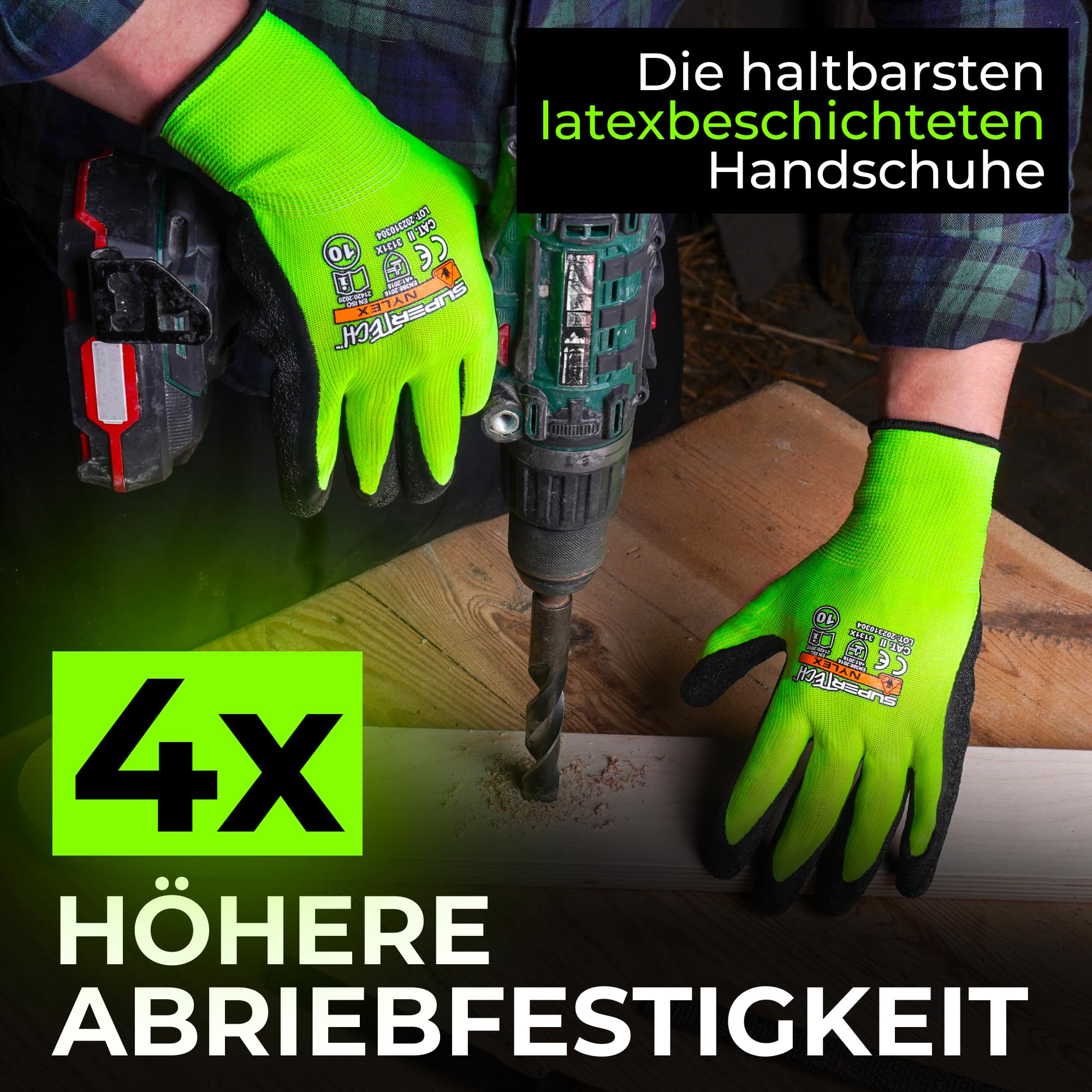 Reflektierende Arbeitshandschuhe Herren mit Rauh Latexbeschichtung (24 Paar) - Schutzhandschuhe für Baustelle und Werkstatt - Strapazierfähige Gartenhandschuhe - 9 - L - Neon