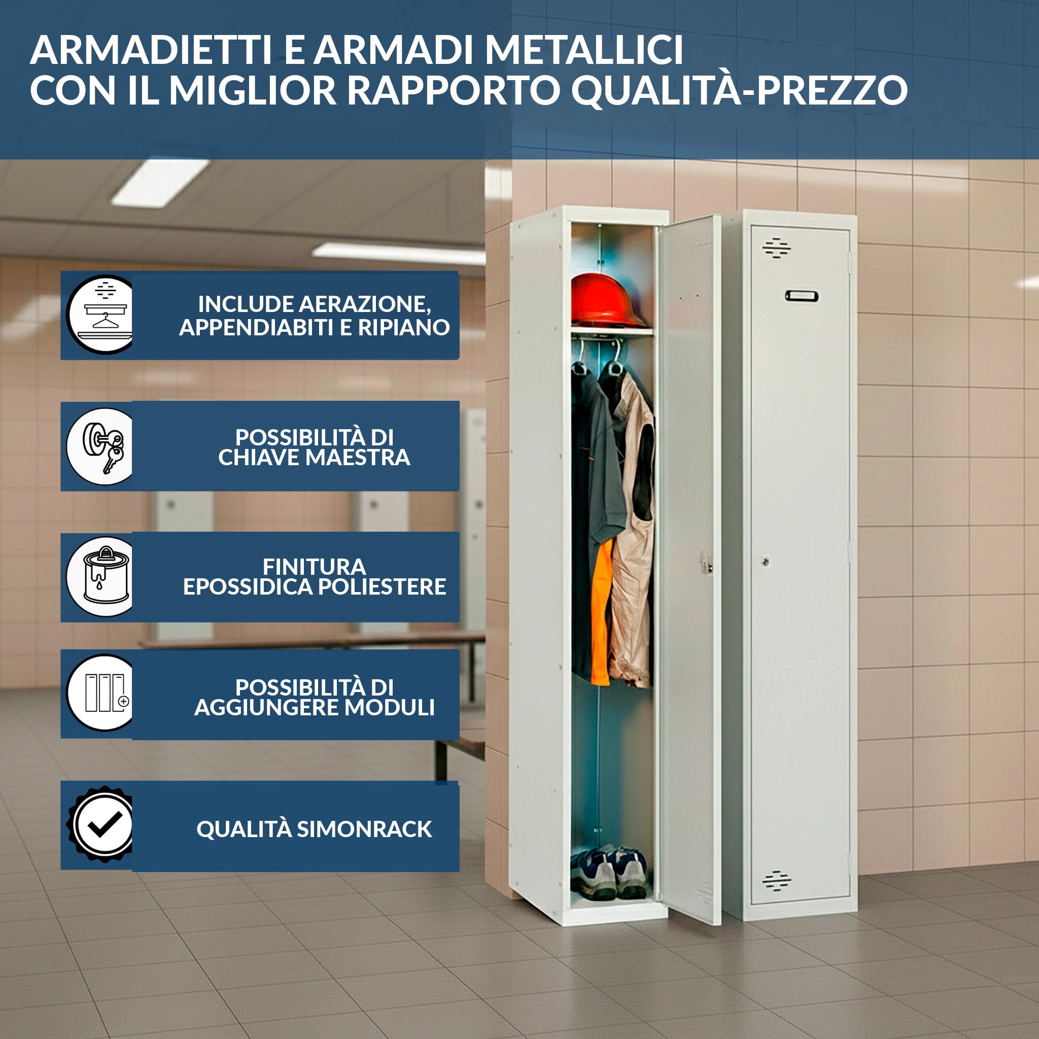 Simon Rack Armadietto Spogliatoio Metallico, 1800 x 400 x 500 mm, 2 ante, con serratura e 2 chiavi, grigio - Simonlocker