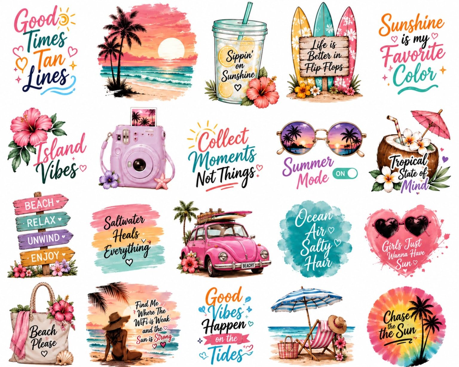 UV DTF Cup Wraps Transfer Stickers, Summer Beach Theme, Waterproof Decals, 2.5x2.5 Inch, for Mugs, Water Bottles, Laptops, Pack of 20