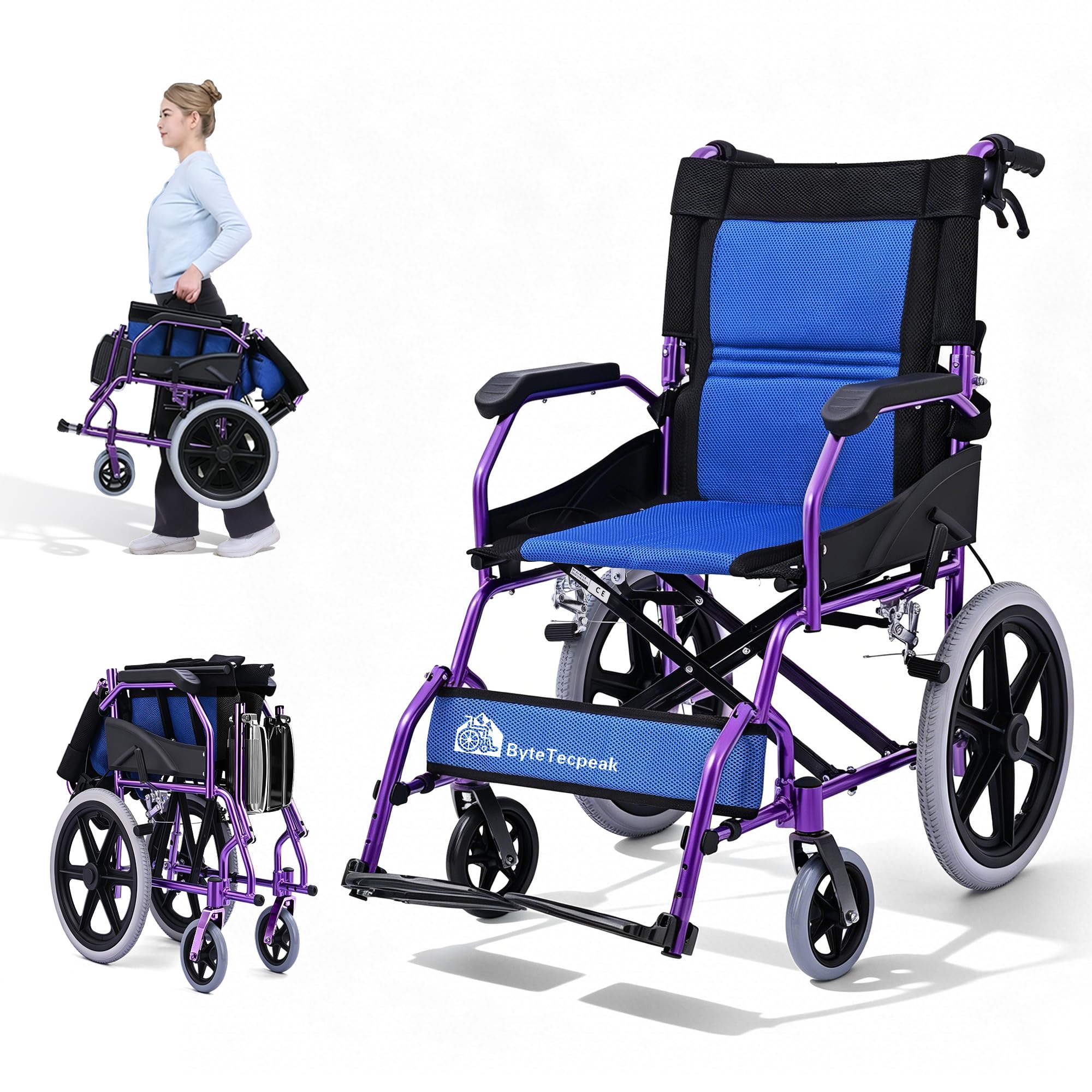 M3 Silla de Ruedas Plegable Ligera para Adulto, Fácil de Transportar, Doble Freno, Reposapiés Plegables, Soporta hasta 100 kg, Ideal para Mayores y Movilidad Reducida - Púrpura
