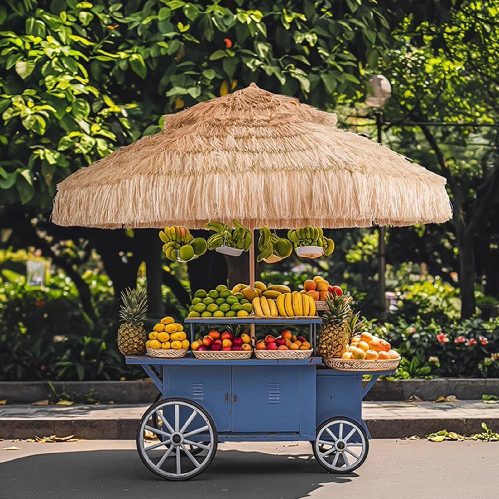 Parasol Tiki 2 Poziomami Strzechy, Parasol Ogrodowy na Hawajach z 8 Żebrami, Składany Parasol Plażowy, Ochrona Przed Słońcem Hydrofobowy