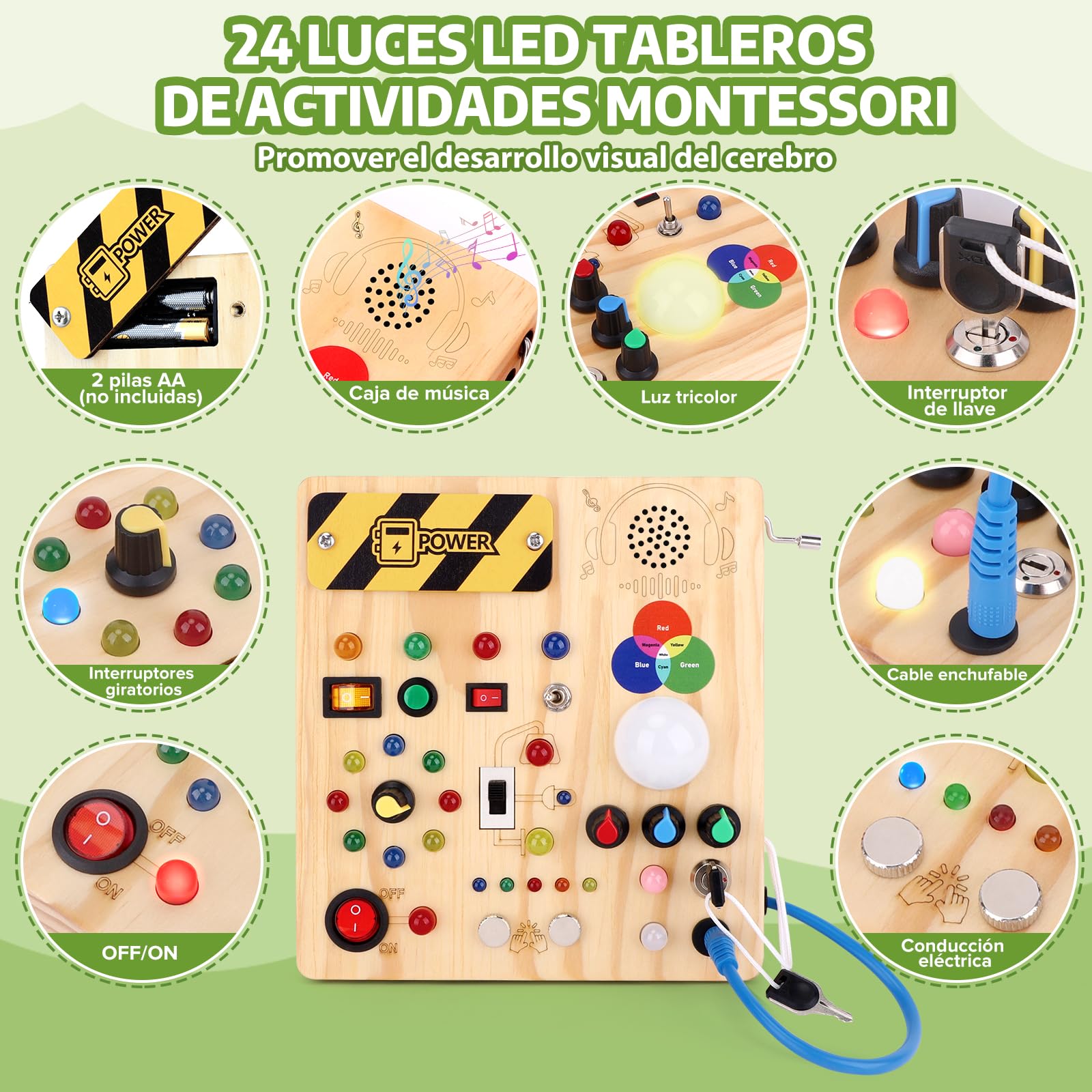 Juguete Montessori De Dinosaurio Con 10 Interruptores Y 23 Luces LED | Tablero De Actividades De Madera Para Niños 1-3 Años, Aprendizaje Sensorial Y Viaje, Regalo Educativo