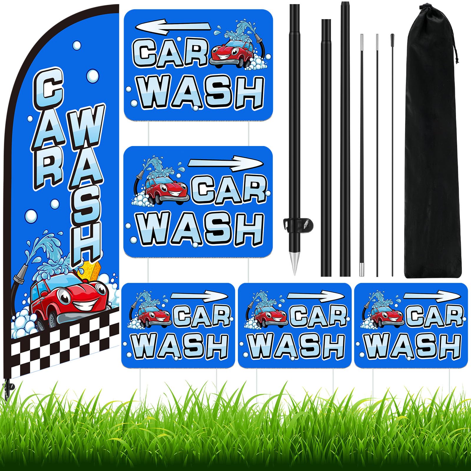 Fanfanwin Il kit per asta della bandiera con piume per lavaggio auto include bandiera da 2,1 m con aste, 5 cartelli per lavaggio auto e 10 picchetti per esterni, negozi e decorazioni