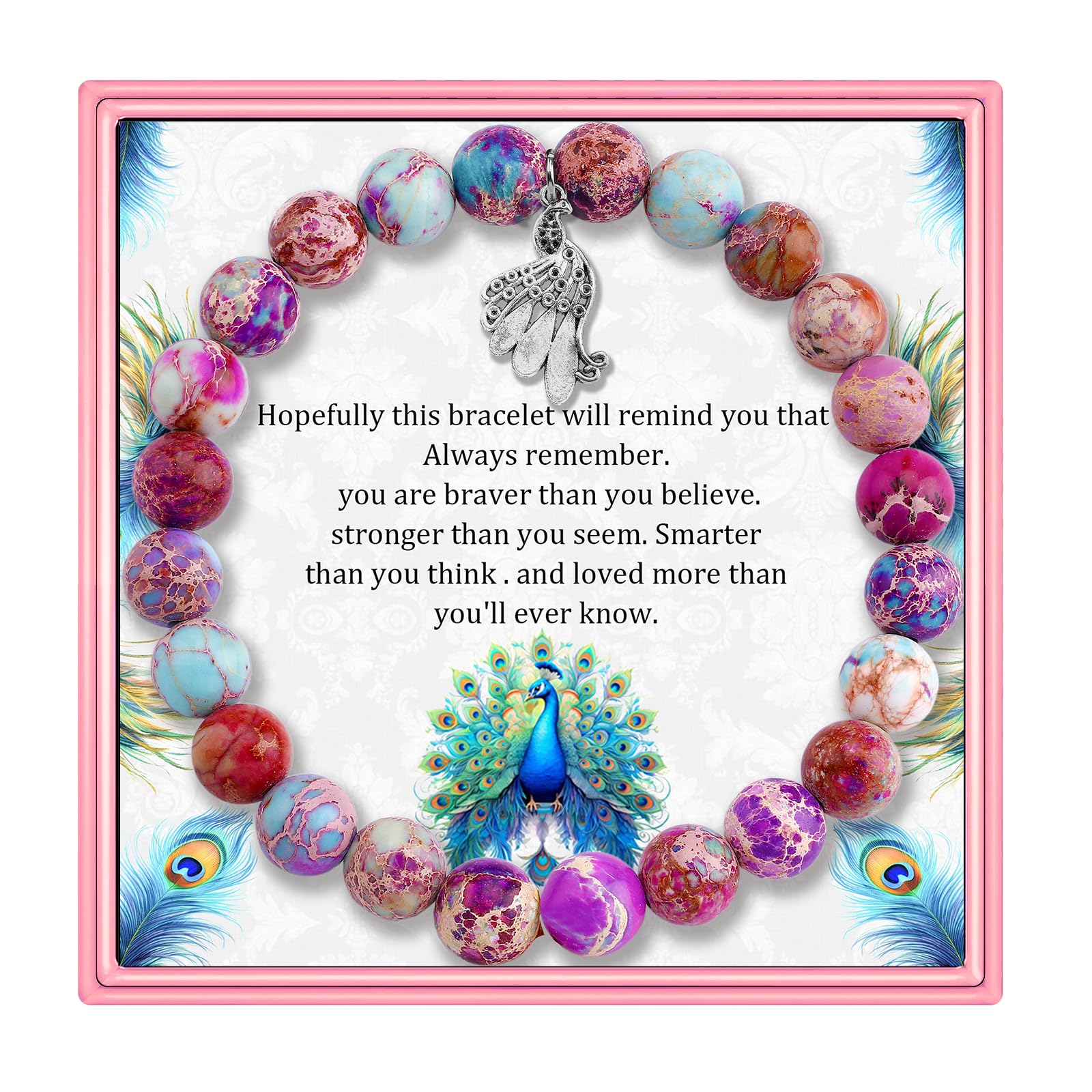 PARTNERPeacock Inspirational Birthday Gifts for Women Best Friends Unique Gifts Natural Stone Beaded Bracelets for Women Agate Beaded Jewelry with Meaningful Message Card For Peacock Lovers,Comes Packaged