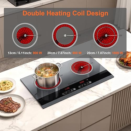 Miniatura 3 de Diseño de doble bobina de cocina eléctrica de 2 quemadores, placa caliente de cerámica de 1800 W para cocinar, encimera portátil de doble quemador