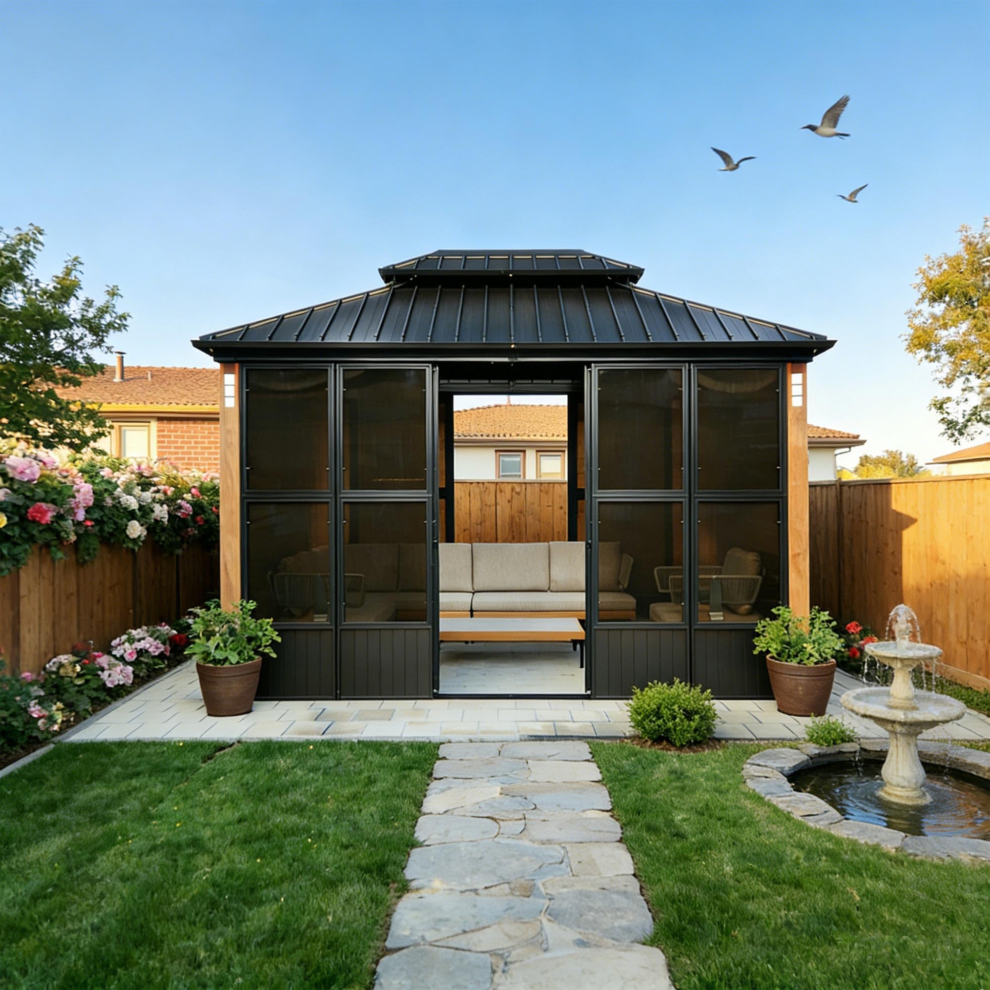 PURPLE LEAF 10' x 13' Sunroom Gazebo in a backyard setting