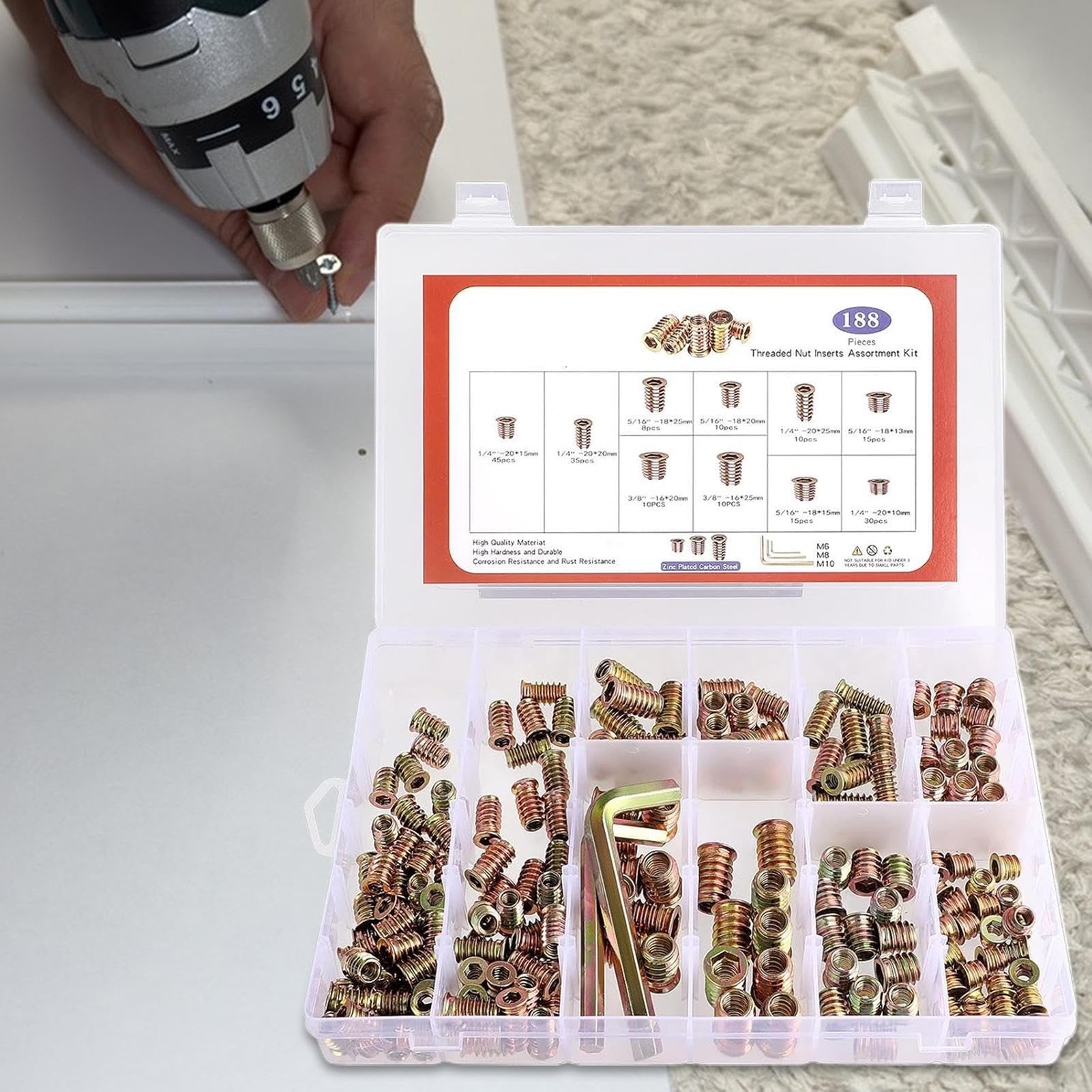 Gewindeeinsätze für Holz Hülsenverbinder Zubehör | Holzeinsätze mit Inbusschlüssel-Set für Möbel, Werkbank, Tischlerarbeiten, Basteln