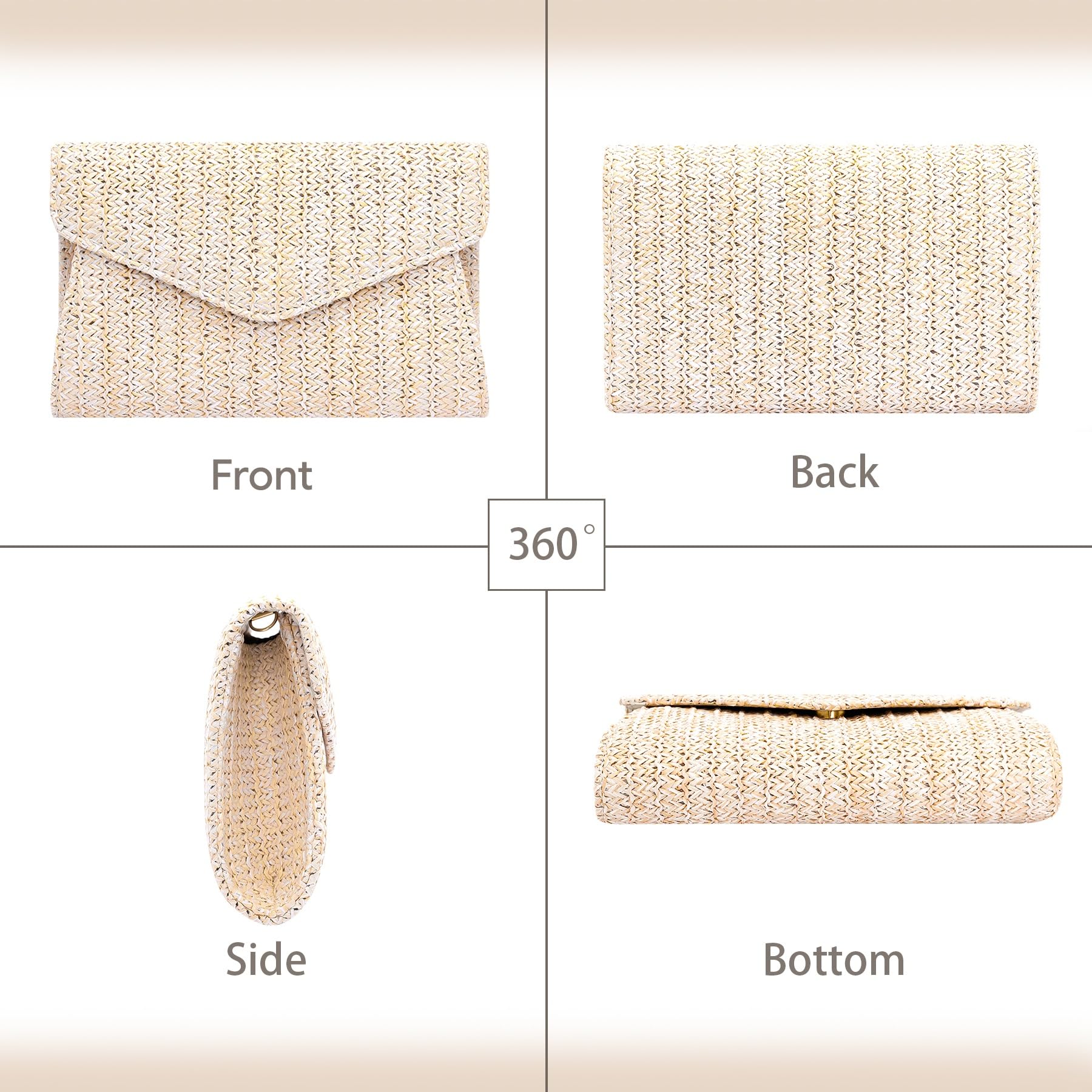 Pochettes et Clutches Femme en Paille, Enveloppe Sac Paille de Plage à Bohèmes Tissé, Petit Pochette Mariage Femme avce Chaîne, Élégante Sac à Main Bandoulière Ete pour Ceremonie Vacances Prom