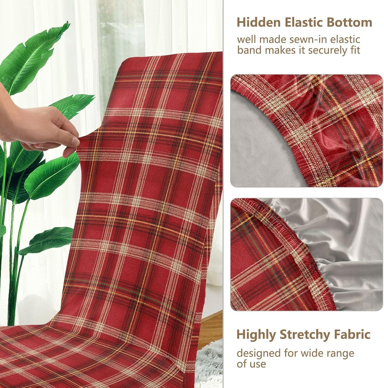 ALAZA Chair Covers for Dining Room, Red Gloden Tartan Plaid Pattern Stretch Chair Cover Sets Chair Protector Removable Washable for Ktichen Restaurant Hotel
