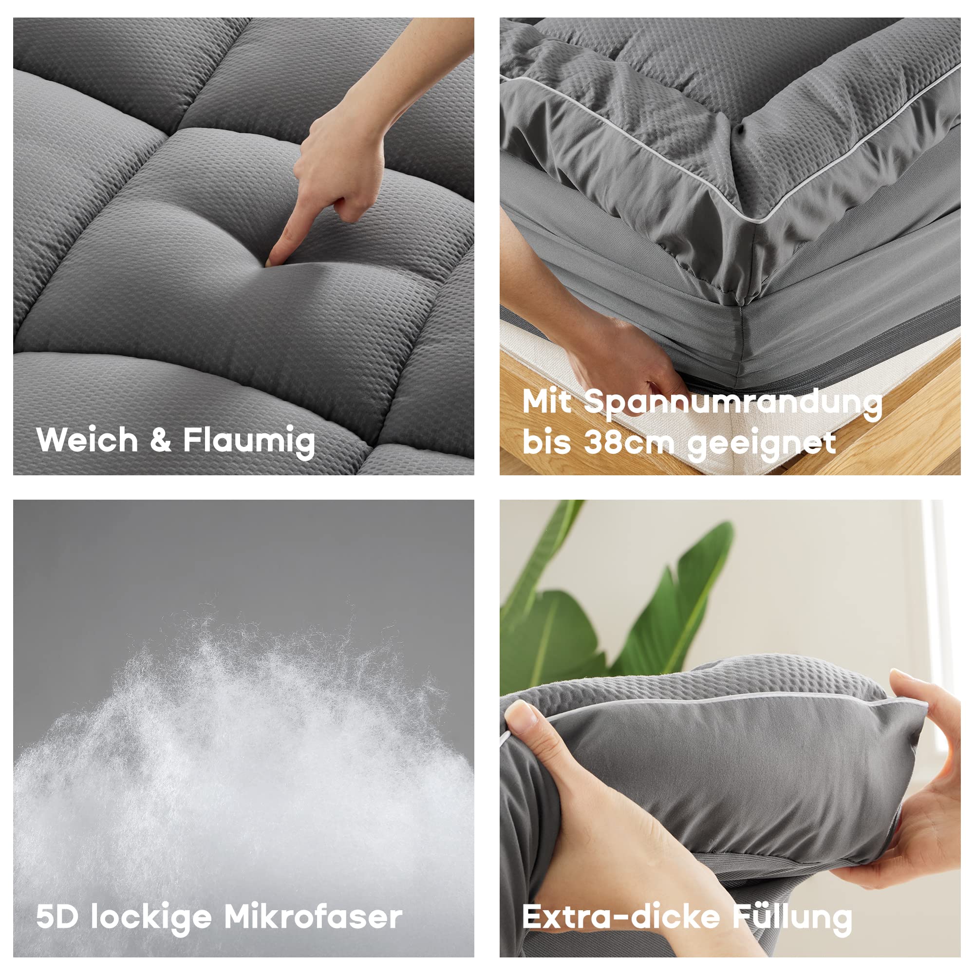 Surmatelas Pillow-Top Extra Épais 200x200x30 Cm - Gris - Rembourrage Microfibre 1000g/m² - Oeko-Tex - Lavable