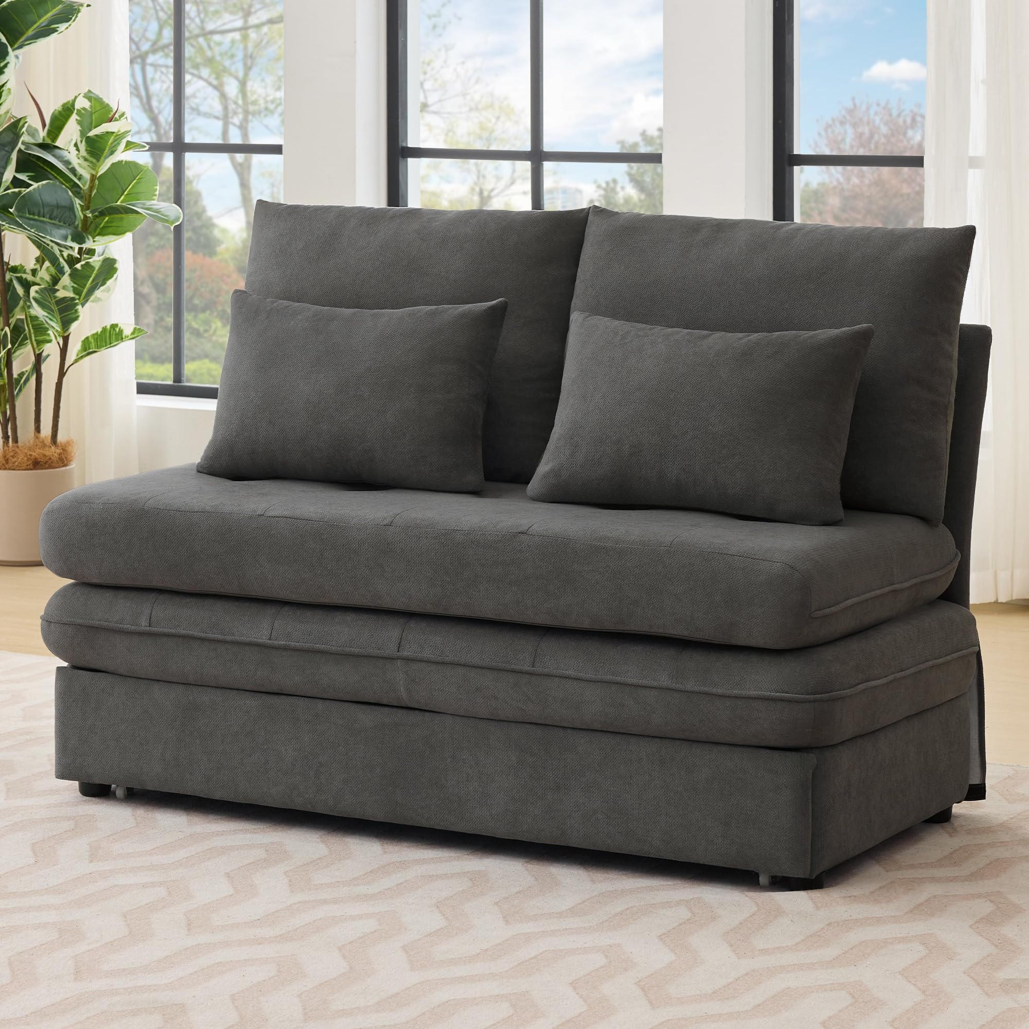 Doppelsofa, Polstersofa, klappbares Schlafsofa,Schlafsofa mit Schlaffunktion, Chenille-Stoff, Dicke Kissen, ausziehbare Aufbewahrungsbox. Geeignet für Wohnzimmer (Grau)