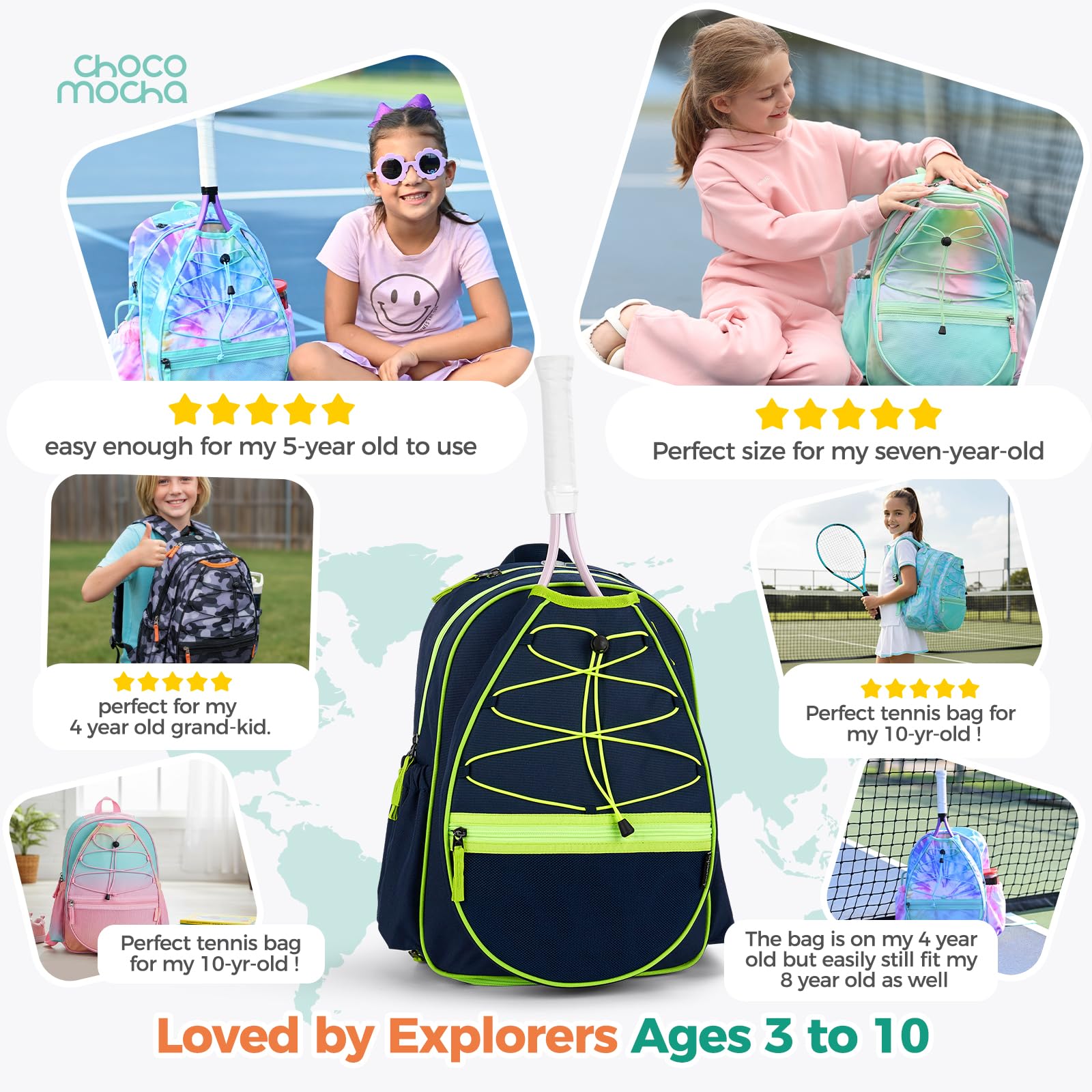 Choco Mocha Bolsa de tenis para niños, mochila de tenis para niños, bolsa de tenis junior de 16 pulgadas