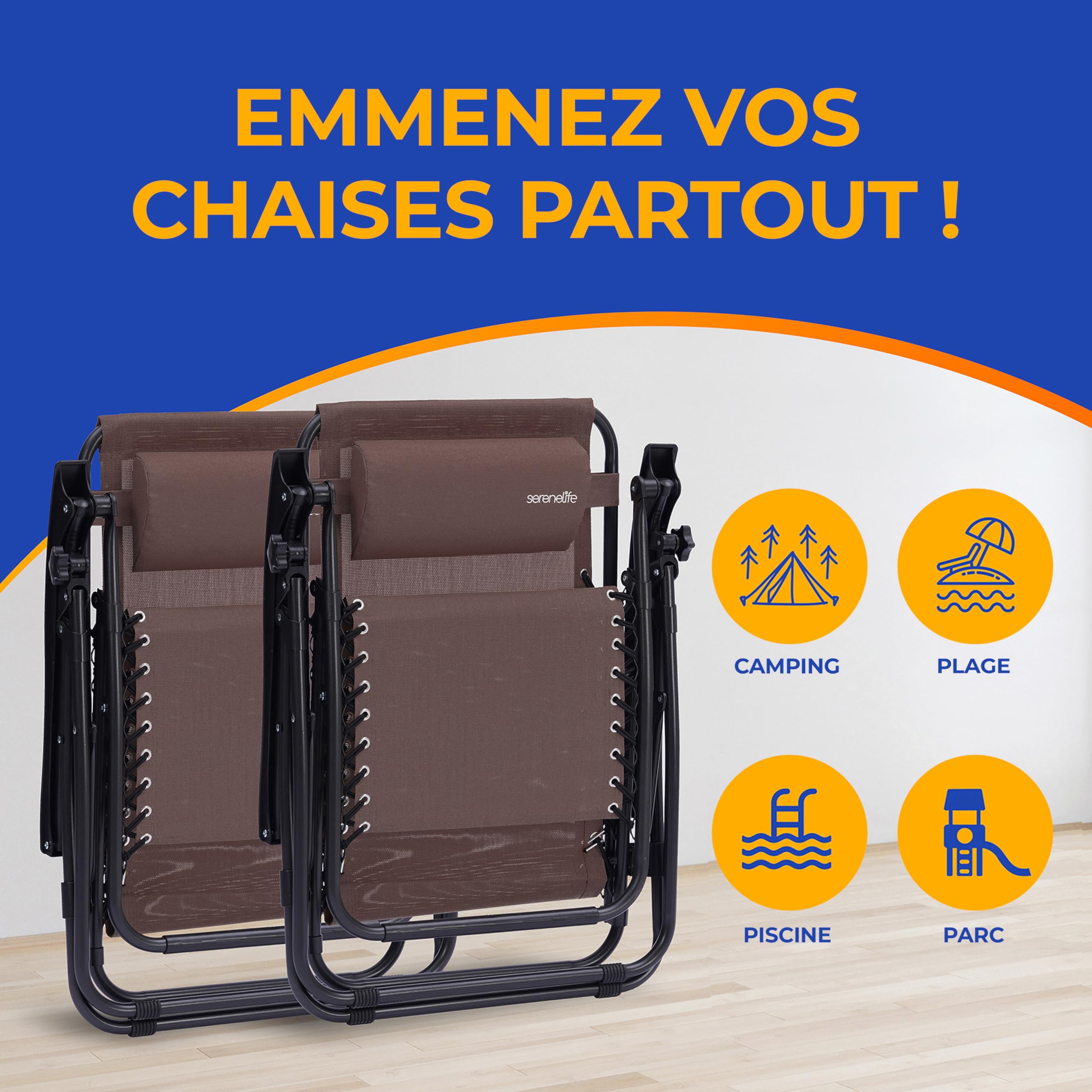 SereneLife Set de 2 Chaises Pliantes - Chaise Longue Réglable pour Extérieur avec Table Latérale, Porte-Gobelets, Oreillers Amovibles - Patio, Jardin, Plage - Marron