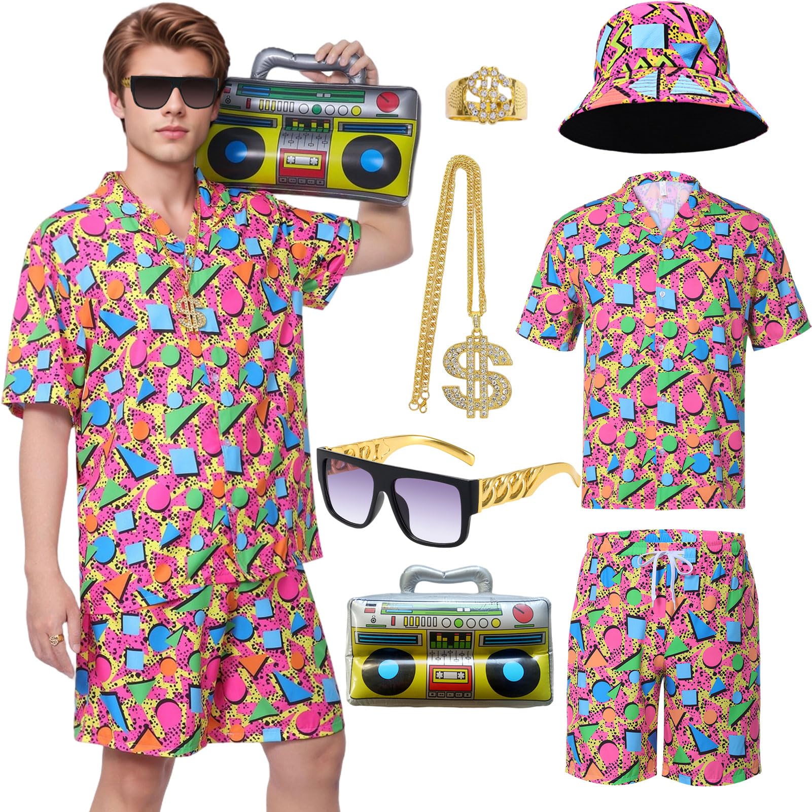 Antsparty 80s Fancy Dress Men, Retro 80s 90s Outfit with Hat Glasses Necklace Ring Inflatable Radio, Hip Hop Costume Outfit for 80s Themed Disco Party