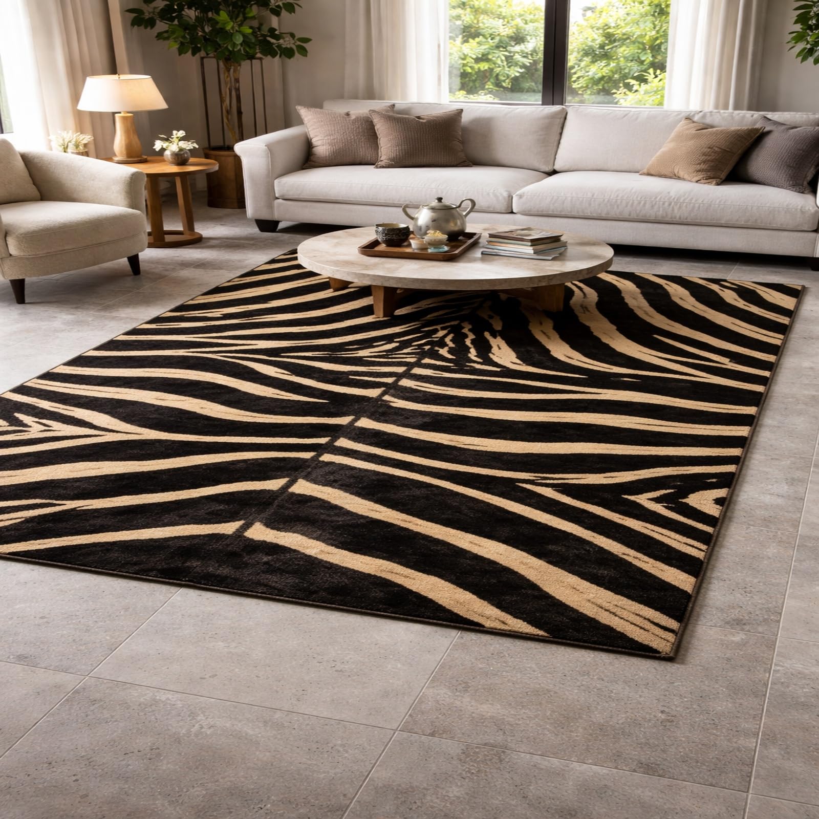 Tapis moderne imprimé animal noir beige 150 x 150 cm, l'élégance lavable pour chambre
