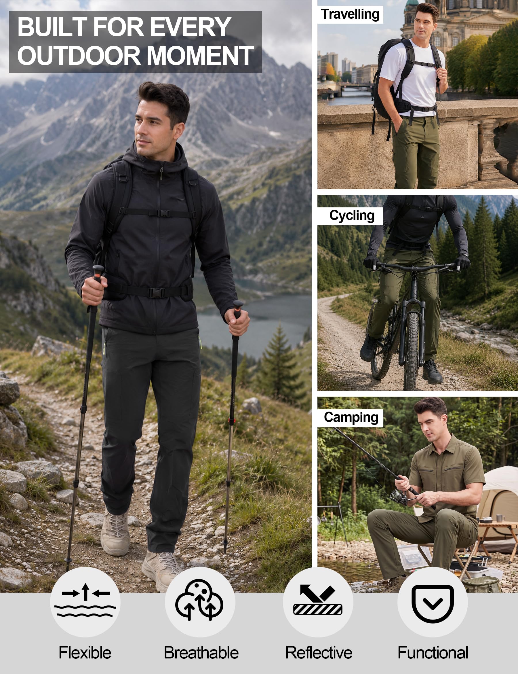 KUTOOK Pantalón Trekking para Hombres Pantalones Tácticos Senderismo Elástico Respirante Cortaviento Ligero Senderismo con 5 Cremalleras Bolsillos LP626