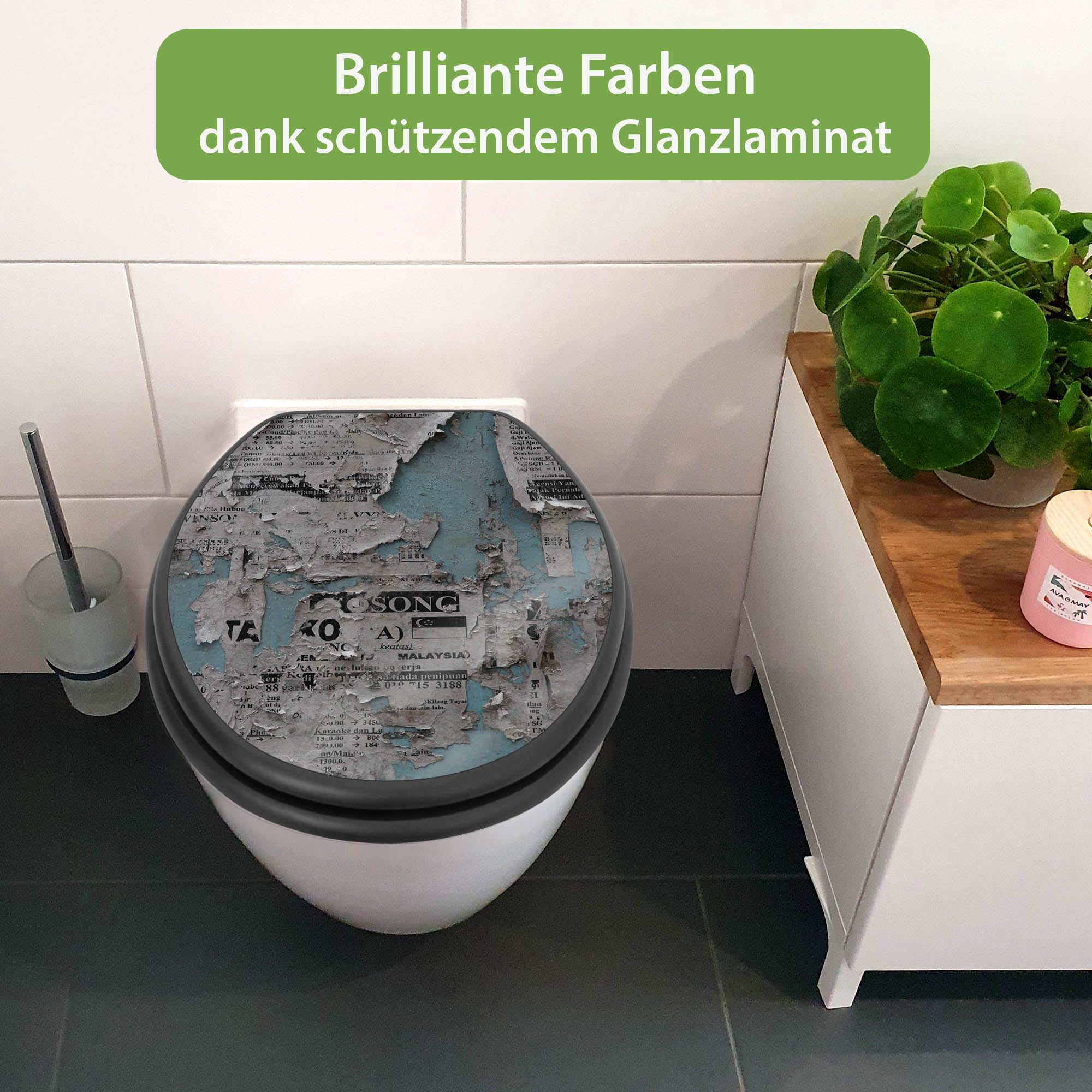 banjado WC Sitz Abstrakt & Muster - Absenkautomatik leise - 38 x 46,5 cm O-Form - MDF Holz Toilettendeckel anthrazit - Klositz grau pflegeleicht mit Softclose - Motiv Wand mit Zeitungen