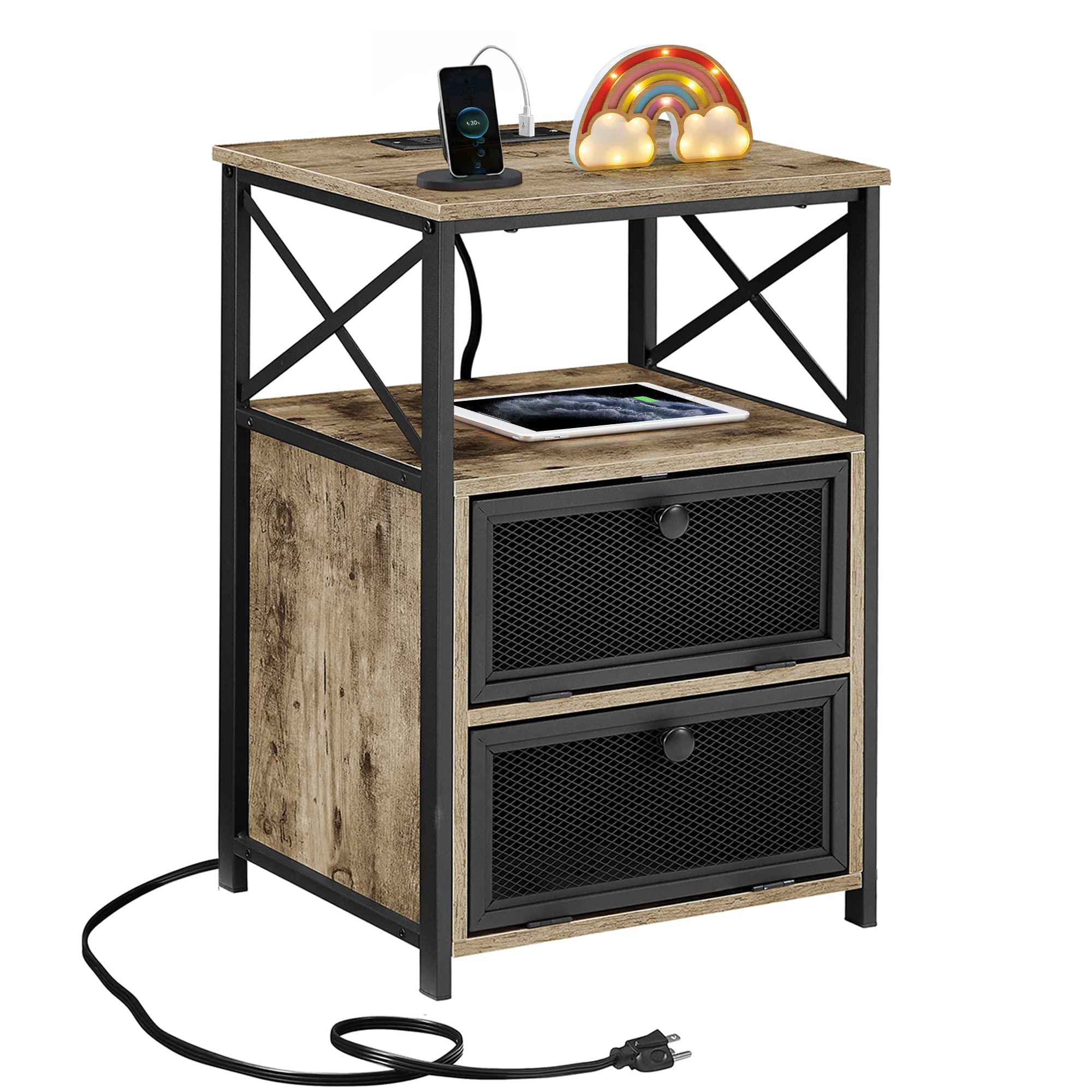 VECELO Gray Side End Tables with Charging Station,24" Nightstand with USB Ports and Outlets Bedside Furniture for Living Room, Bedroom,Sofa Couch, 1 Set