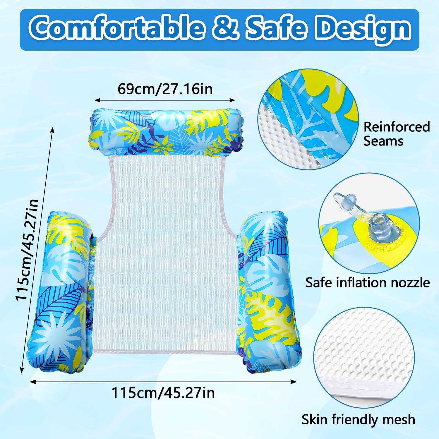 2 Pack Inflatable Pool Floats with 2 Drink Holders and 1 Air Pump, 4 in 1 Water Hammock with Cool Mesh Adult Swimming Pool Float Chair Sofa Lounger Saddle Toys for Beach Seaside Lazy River Hot Tub
