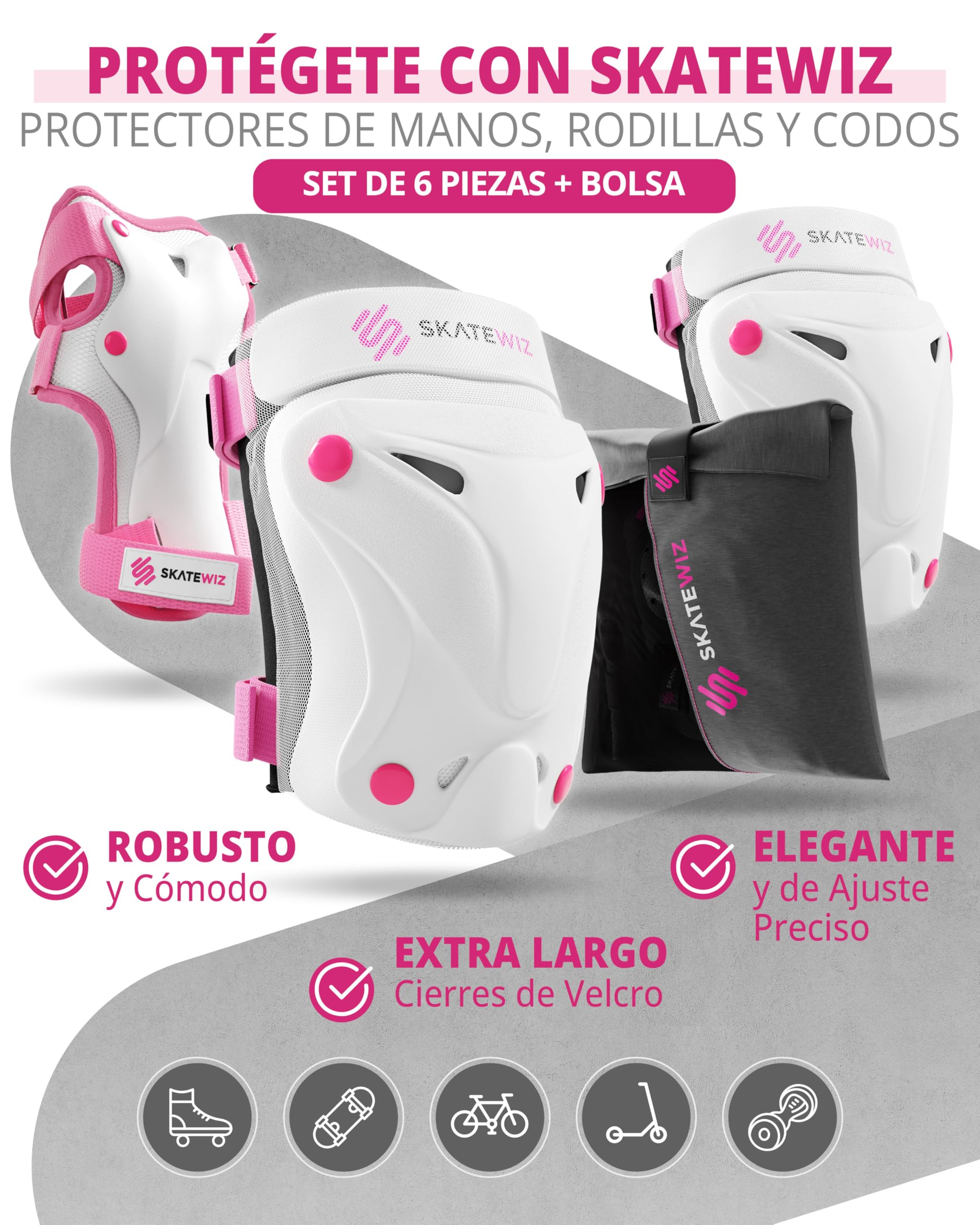 SKATEWIZ Protecciones Patines Niña, Niño e Adulto [6 piezas] Rodilleras y Coderas Niño Patinaje, Patines, Rodilleras Para Niños - Marca Alemana — view 3