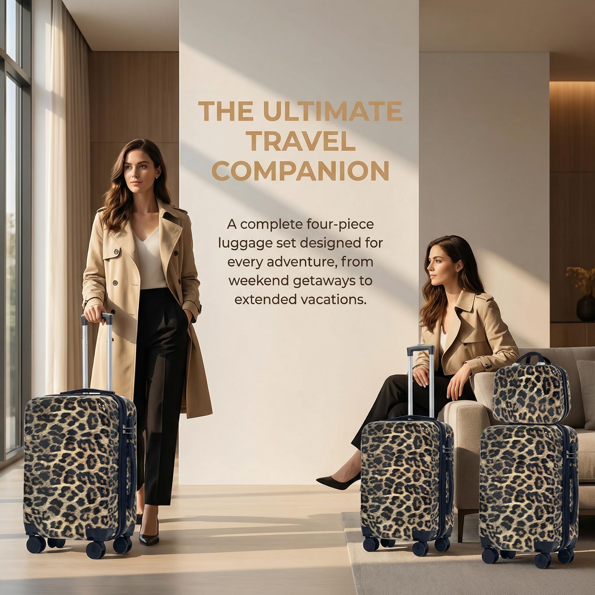 Set di valigie con motivo leopardato, dotato di ruote universali silenziose e trolley telescopico (Marrone(14+20+24+28))