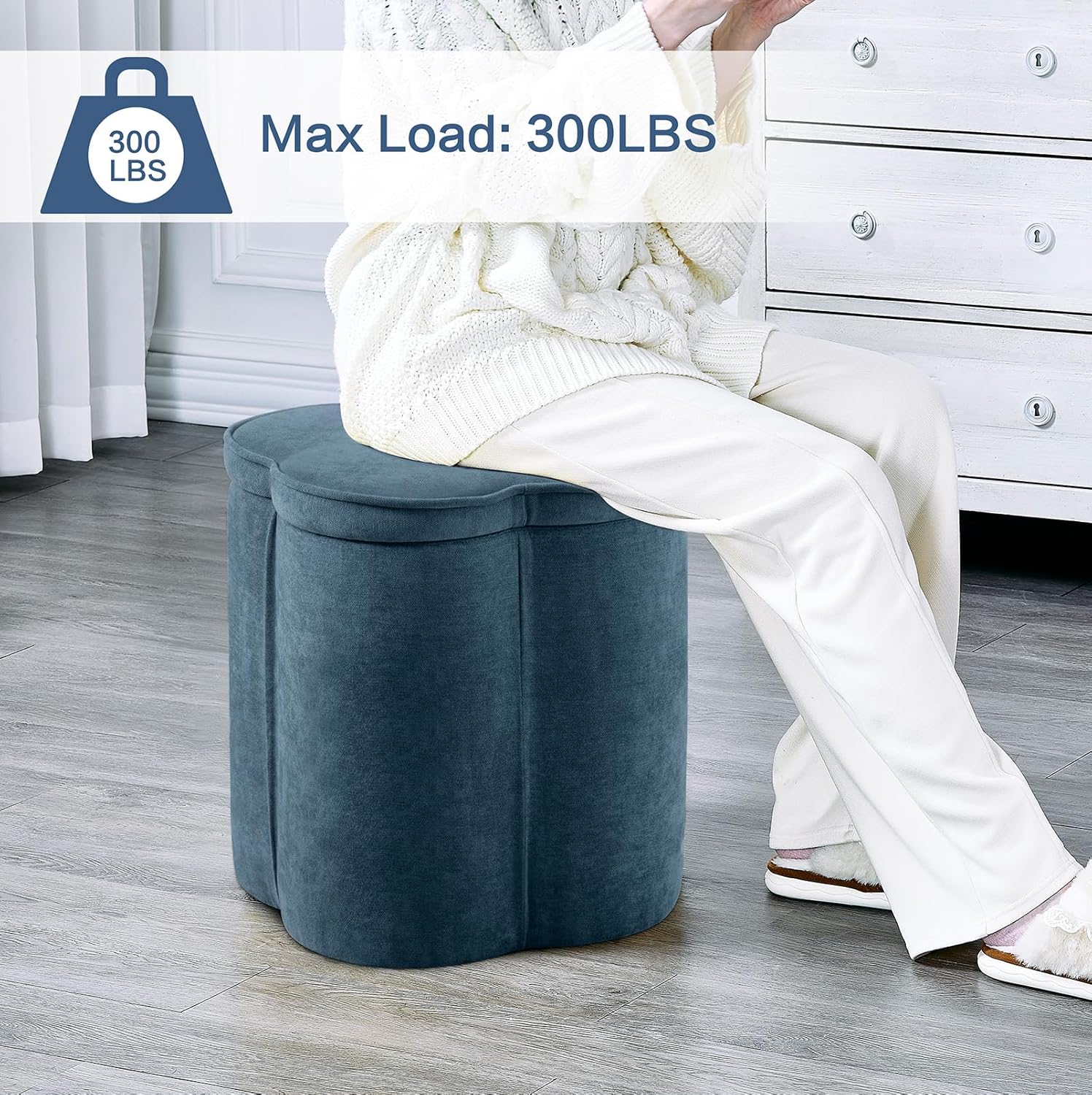 Crestview Collection Flower Pouf Ottoman with Storage,Chenille Fabric Foot Rest for Couch, Small Mordern Footstool for Vanity, Bedroom, Living Room,Under Desk, Navy Blue,18 inches