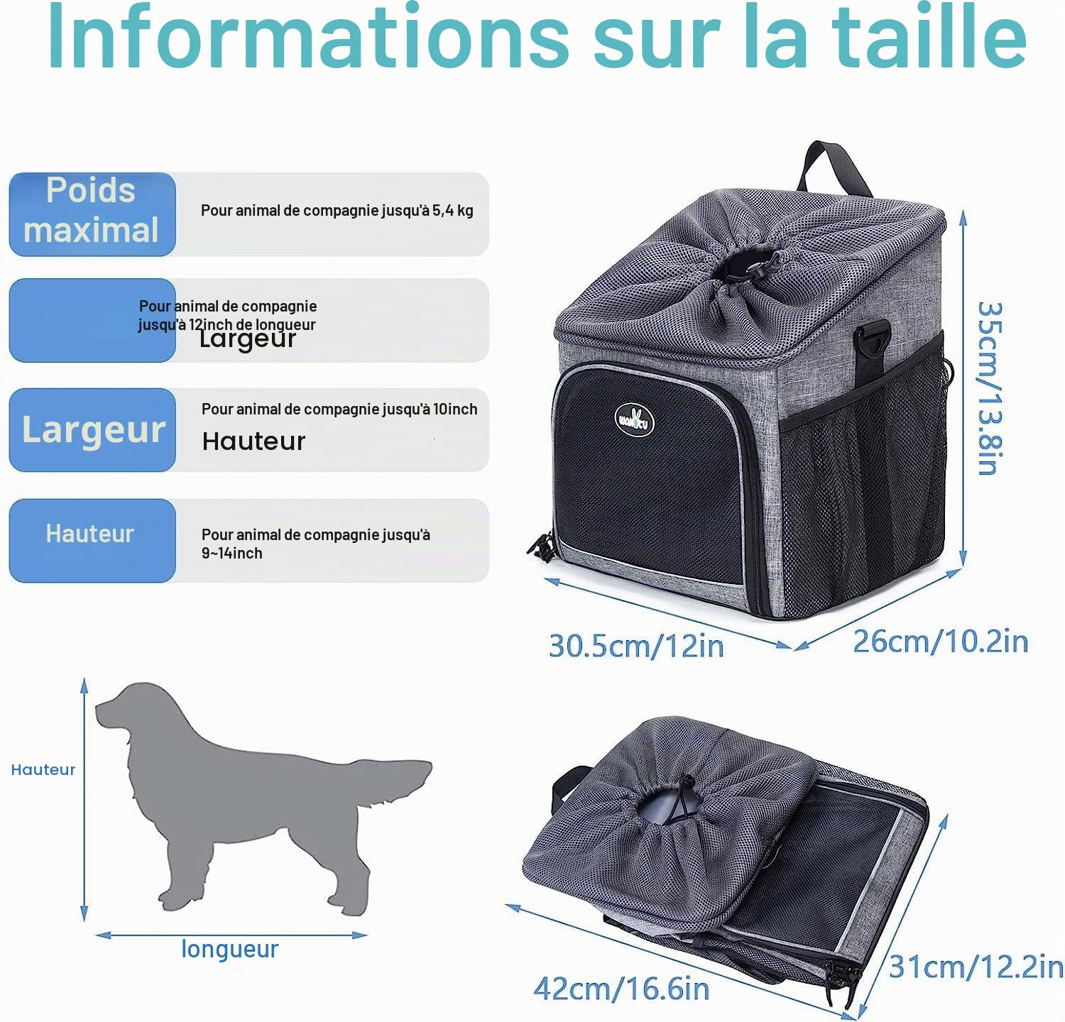 Wakytu Panier de Transport de vélo pour Chien, Sac à Dos de Transport Avant pour vélo Pliable, Amovible, Bandes réfléchissantes, 2 Poches de Rangement latérales, Sac de Voyage pour Animaux de