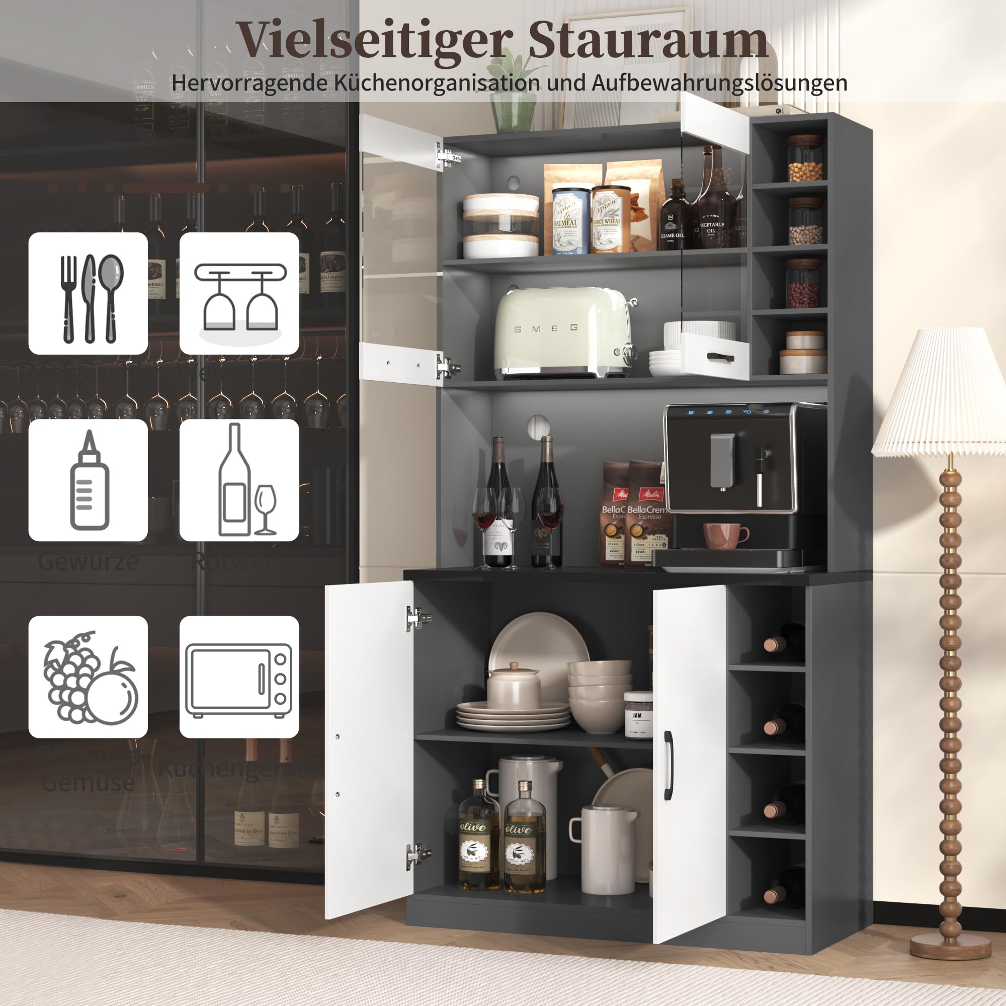 Hoge keukenkast - 100 x 47 x 187 cm - met LED's 4 deuren verstelbare planken - MDF Acryl