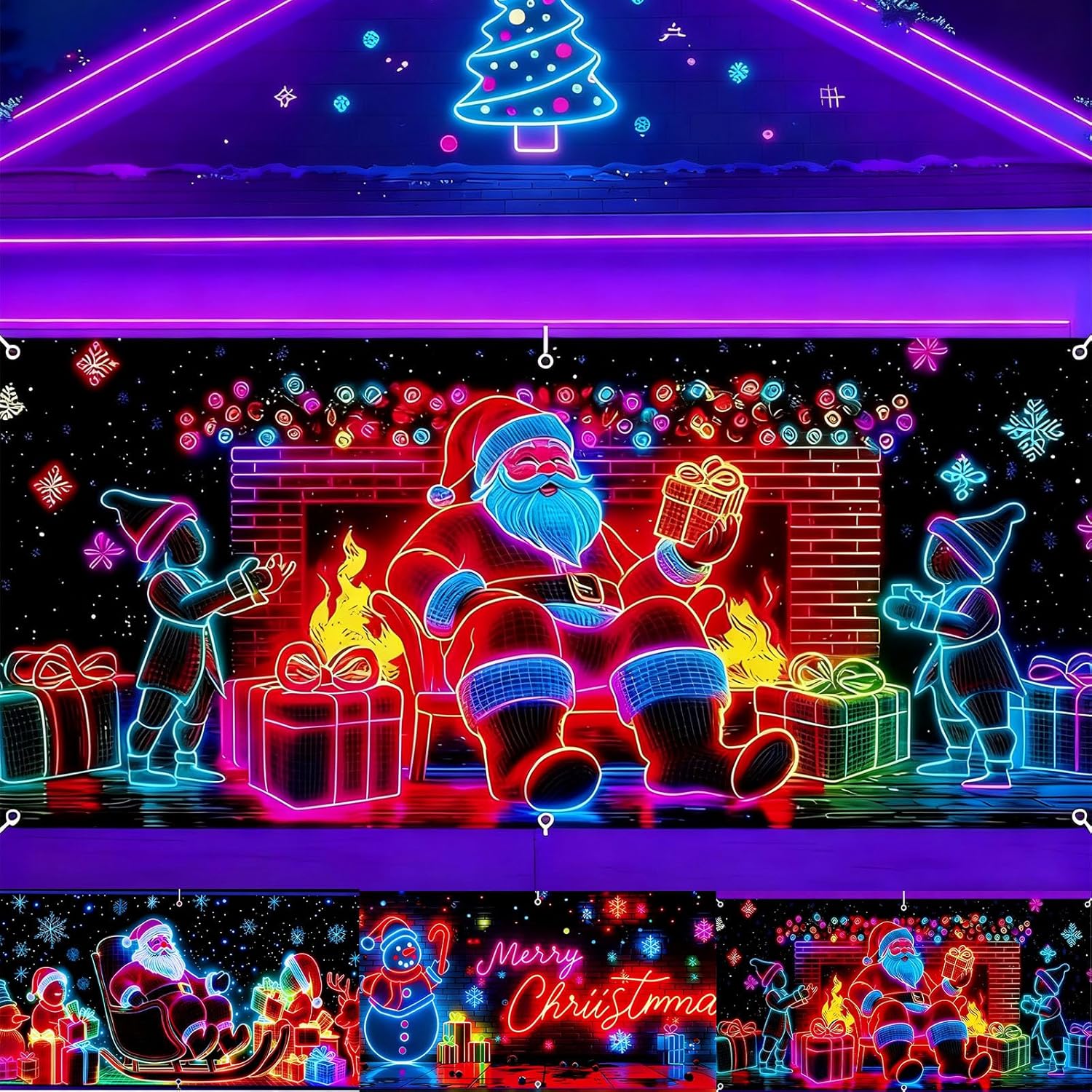 13x6ft UV Activated Christmas Garage Door Cover Banner, Glows in Dark 2D Flat Holiday Garage Door Covers with Cartoon Santa, Xmas Outdoor Indoor Party Decoration (A)