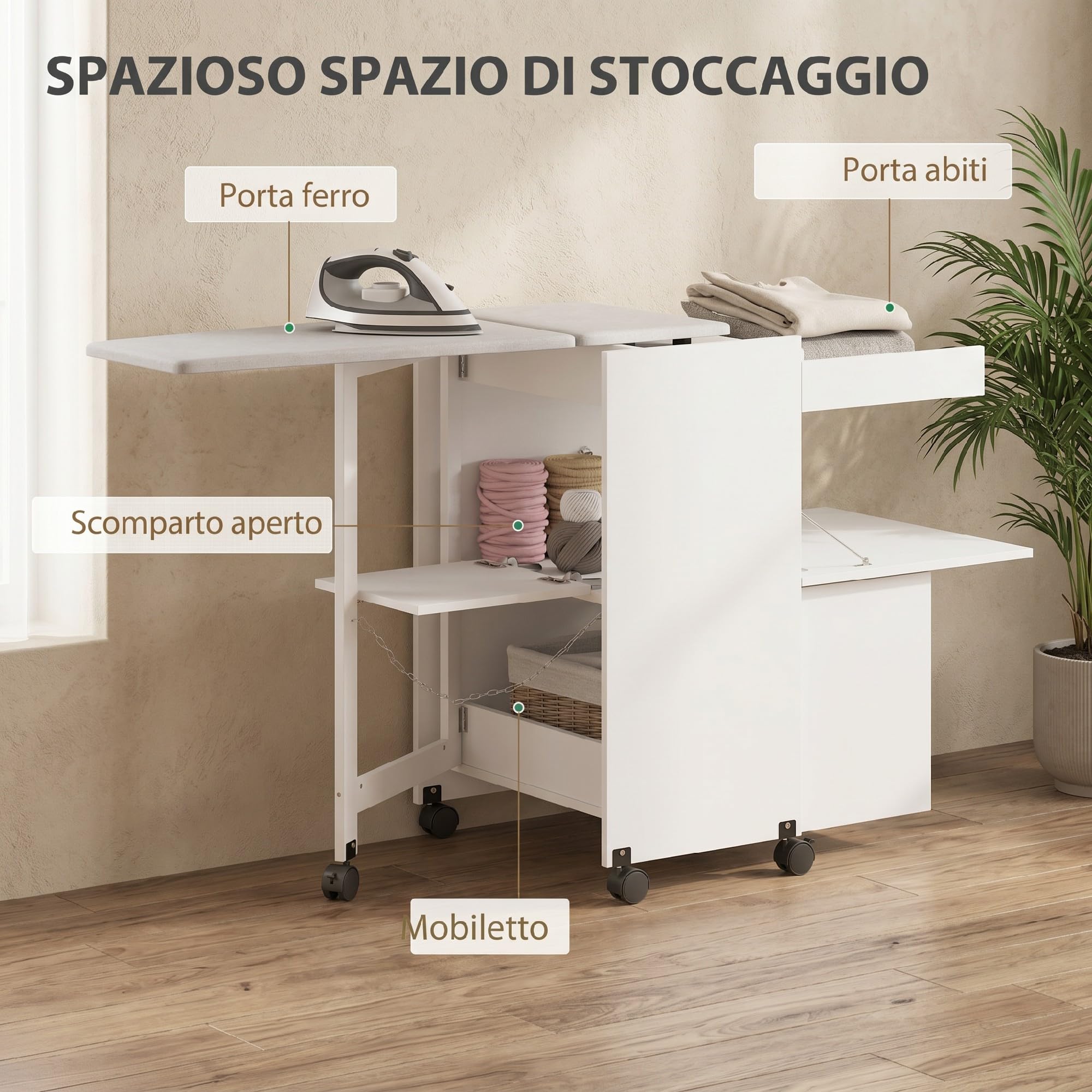 HOMCOM Mobile Asse da Stiro Pieghevole con Ruote e Portaferro da Stiro, Mobile da Stiro Multiuso con Ripiani, Vano Aperto, per Lavanderia, Bagno, 154x55x87 cm, Bianco