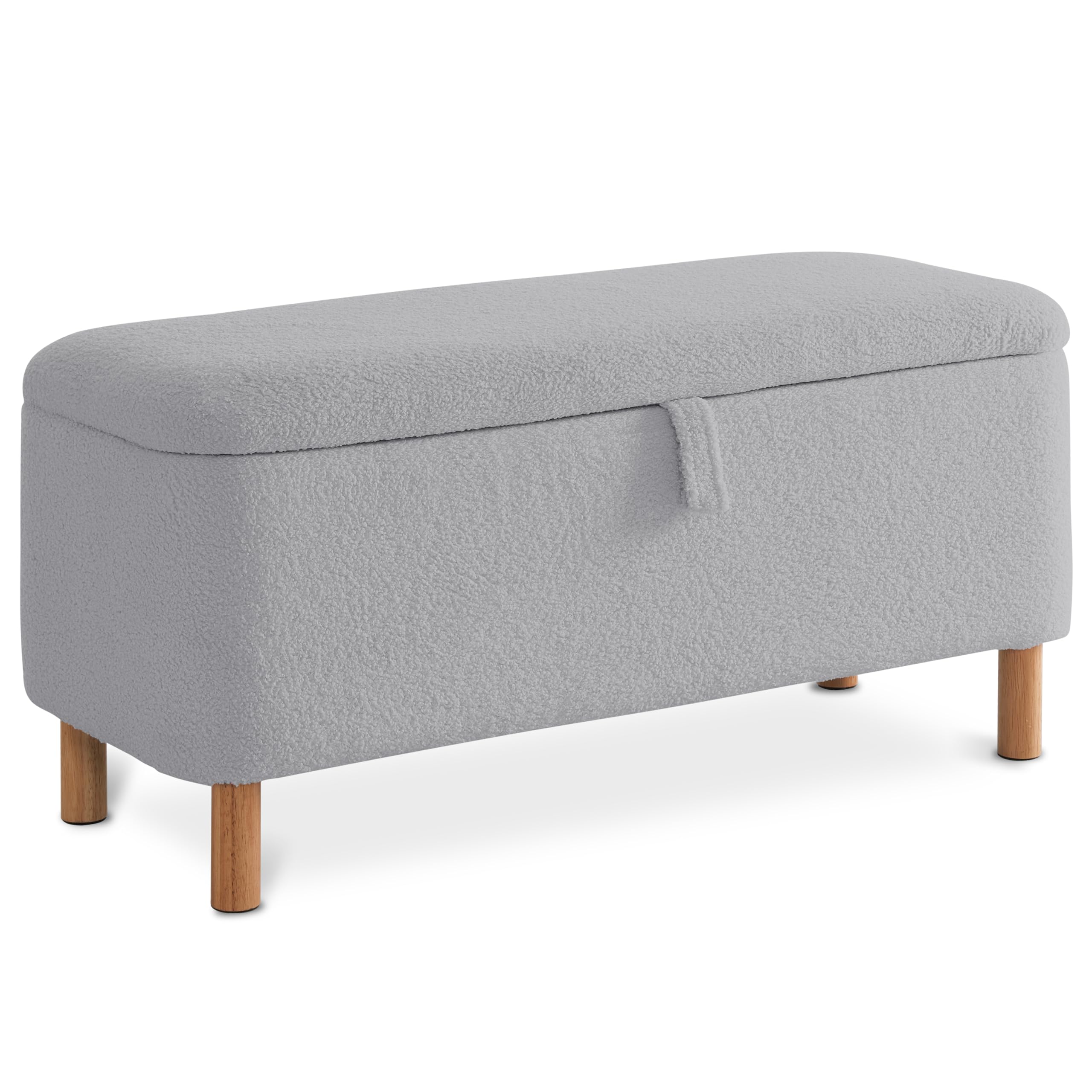 Boucle Storage Ottoman Bench for Bedroom end of Bed, Sherpa Upholstered Shoe Seat Storage Beach for Entryway Bed Foot, Rectangle Cushion Padded Blanket Chest Cute for Living Room, Grey