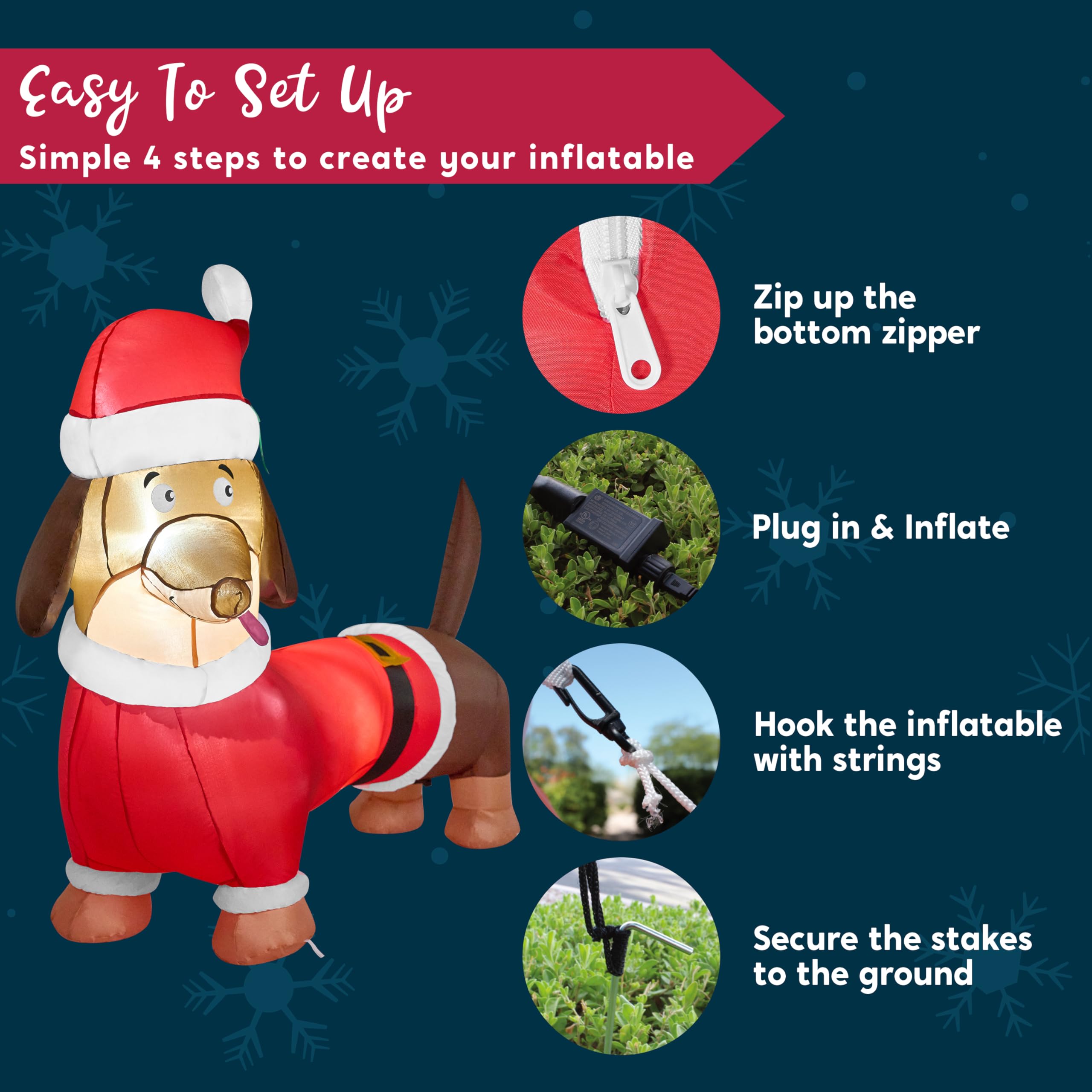 Joiedomi Decoración inflable de cachorro de Navidad de 5 pies con LED integrado, inflable de perro salchicha de Navidad, decoración de patio de perro salchicha inflable para Navidad, decoración de