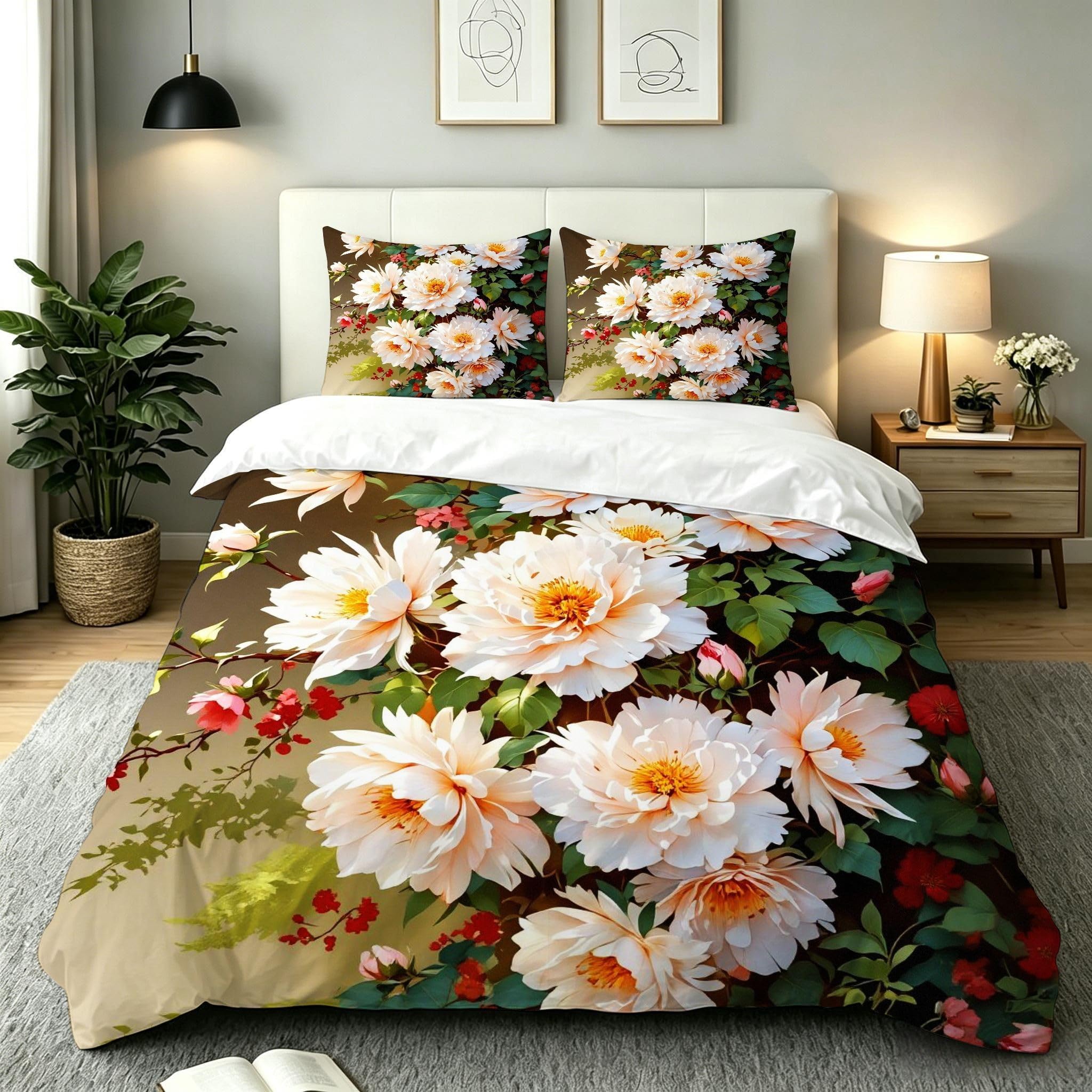 Copripiumino Matrimoniale Peonia Bianca 260x240, ZW642 | Traspiranti Durevoli Microfibra, per Tutta la Famiglia, Matrimoniale, per Tutte le Stagioni, con 2 Federe 50x80 cm