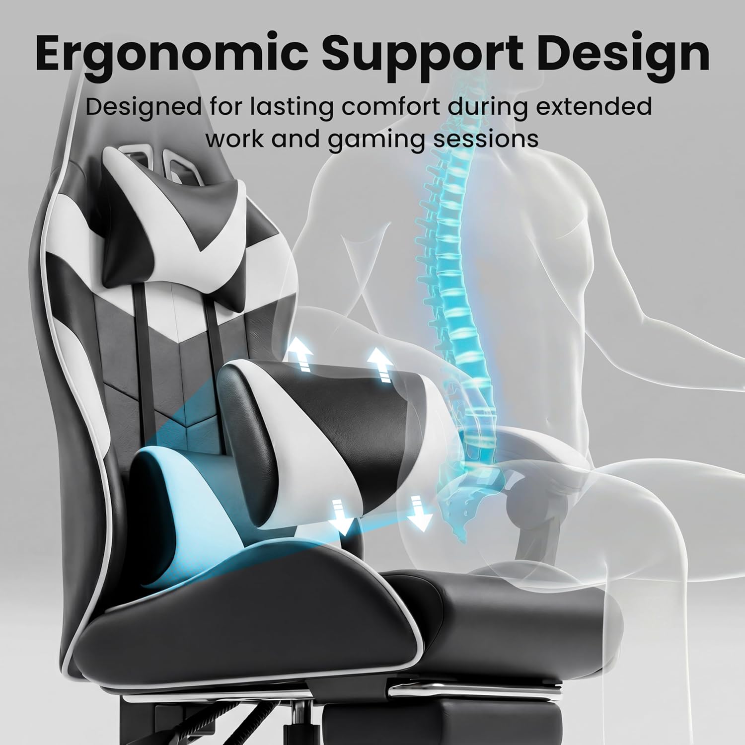 Gaming Chair, Ergonomic Computer Chair with 90°-150° Reclining Backrest & Footrest, Headrest & Lumbar Support, 363° Swivel Height Adjustable Desk Chair, High Back for Adults