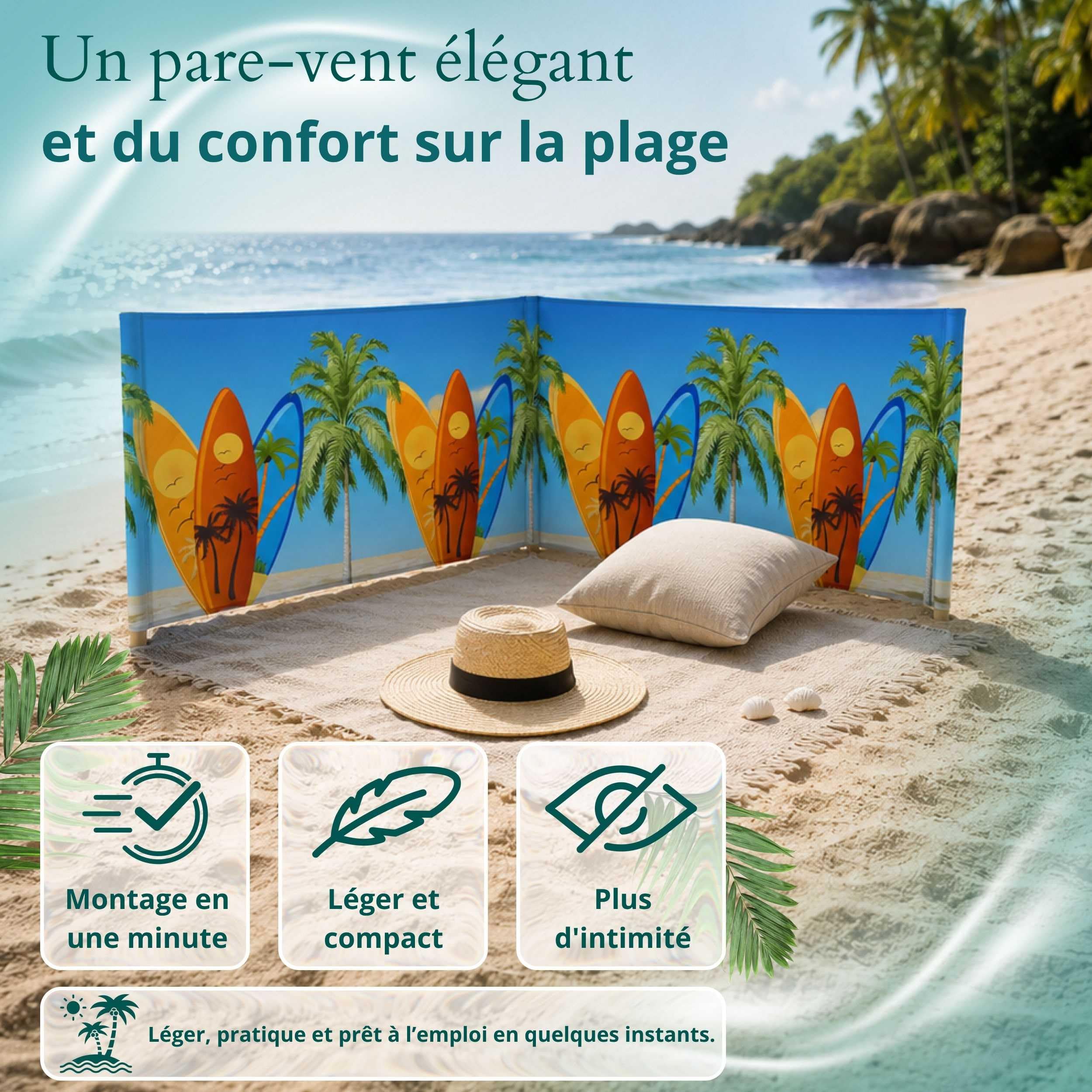 Paravent Plage Microfibres | Brise-Vent 80cm | Planche de Surf 6m | Résistant aux intempéries | Avec cordes | Fait main