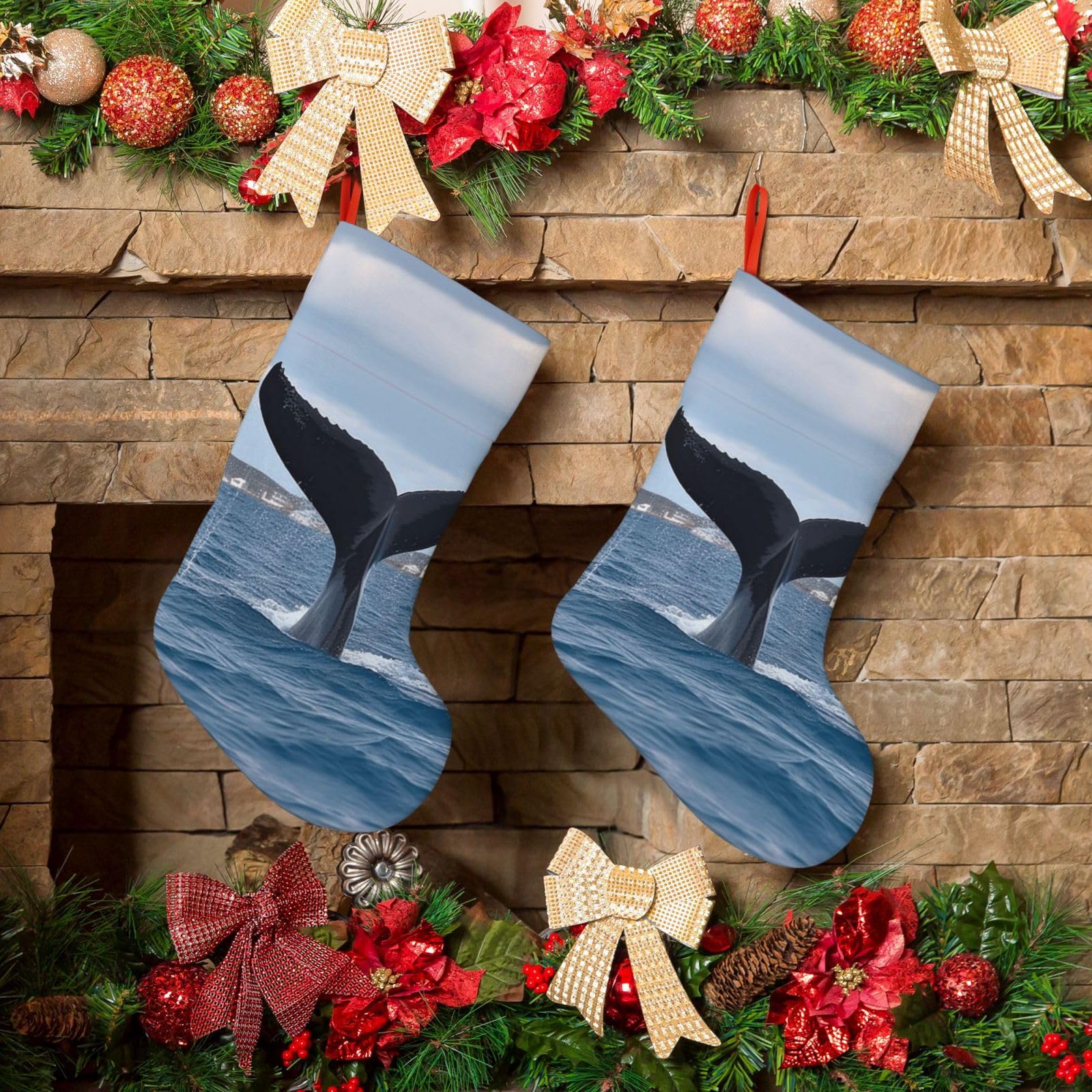 KLOPH Christmas Stockings 18" Personalized Xmas Stocking Whale Tail Decoration Stocking Hanging Fireplace Stocking for Holiday Xmas Tree Christmas Fireplace Decor