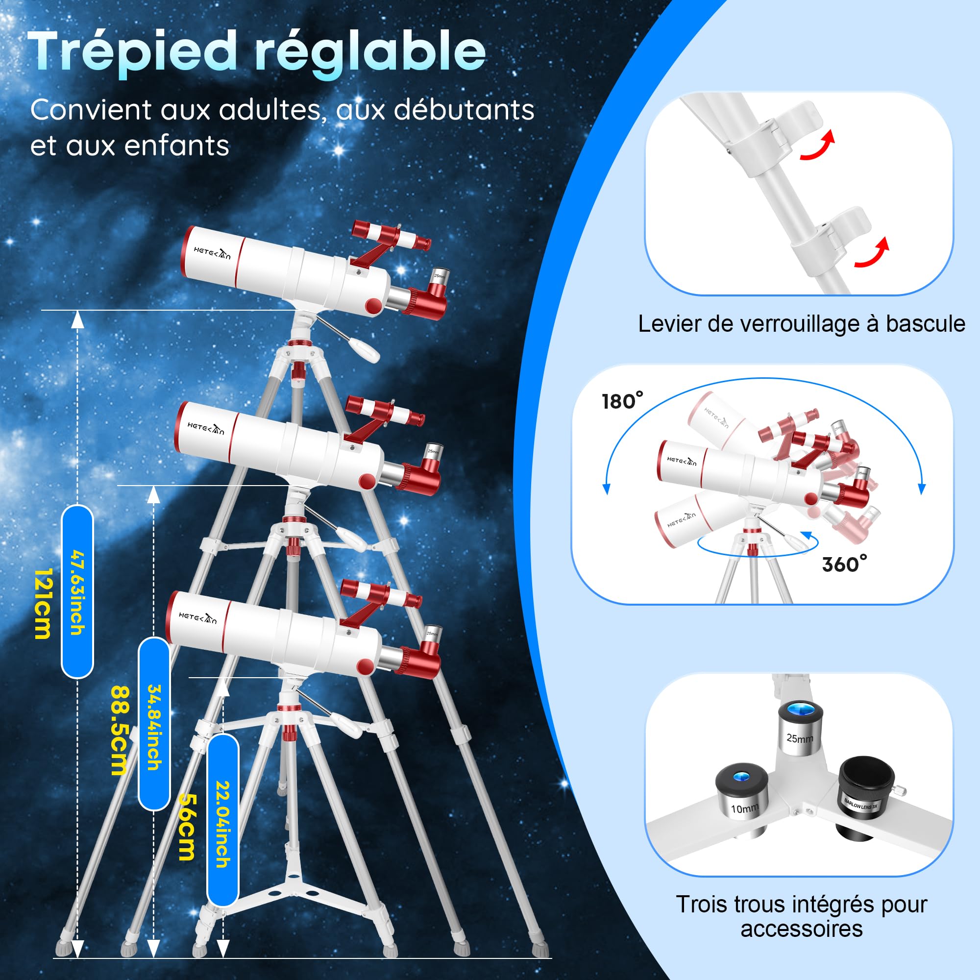 HETEKAN Télescope pour Adultes Enfants et Débutants, Réfracteur Portatif 90mm 550mm (22X-165X) avec Trépied AZ, Adaptateur Téléphone, Sac de Transport et Autocollants Décoratifs