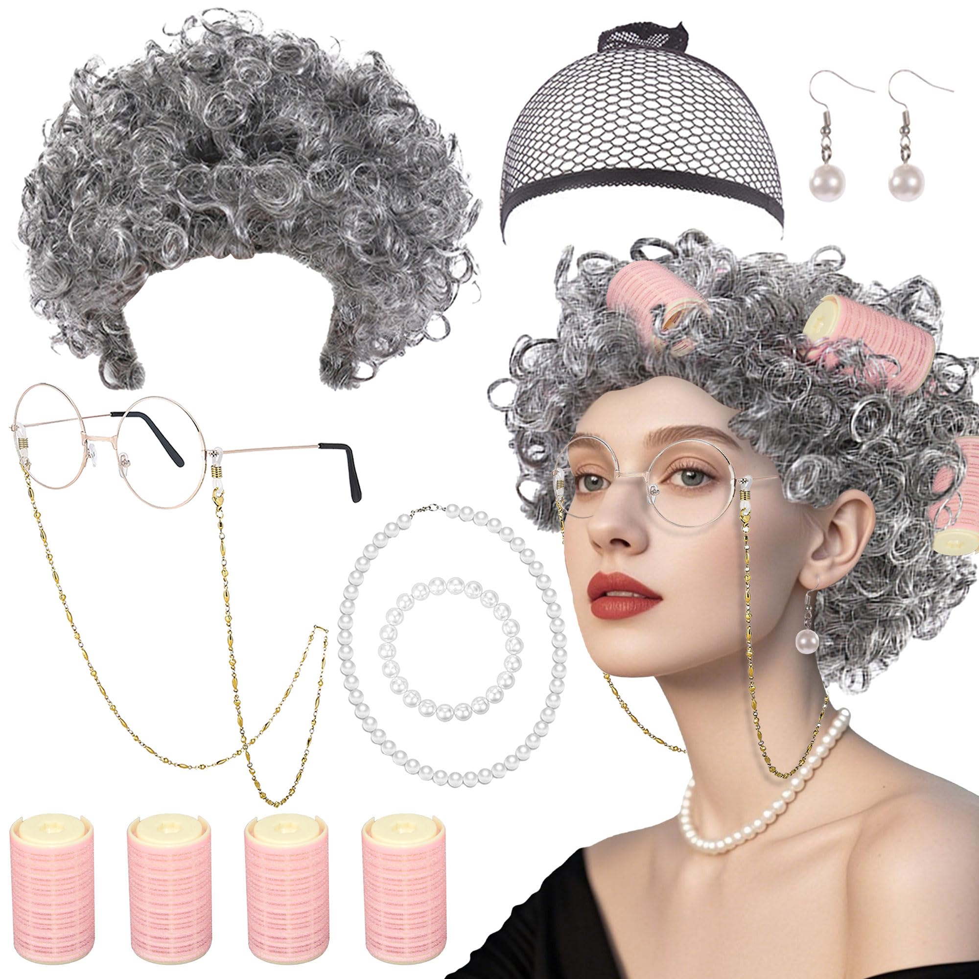 BACH AND BOUJEE Old Lady Costume Set Grey Wig Grandma Wig Granny Glasses with Chain Necklace Earrings Bracelet Old Lady Fancy Dress Accessories