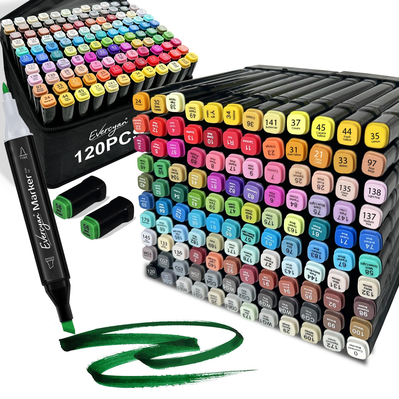 Evercyan 120 Colouring Pens for Adults, Dual Tip Alcohol Markers with Organizer Grid & Storage Bag, Permanent Marker Pens for Drawing, Sketching, Anime, Manga